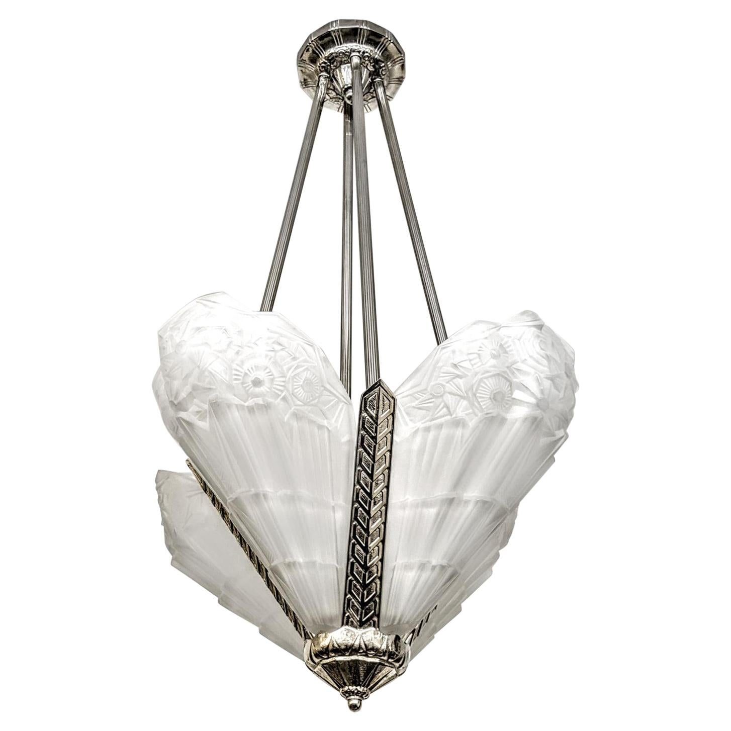 French Art Deco Pendant Chandelier Signed by J. Robert For Sale
