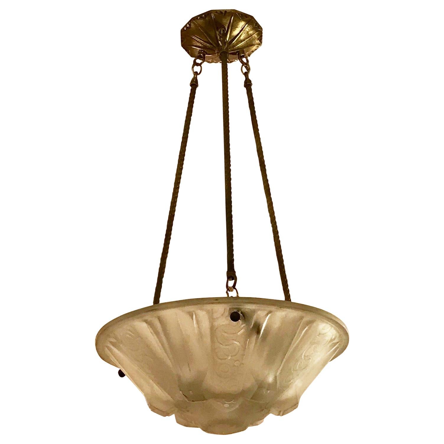 French Art Deco Pendant Chandelier Signed by Muller Frères Luneville