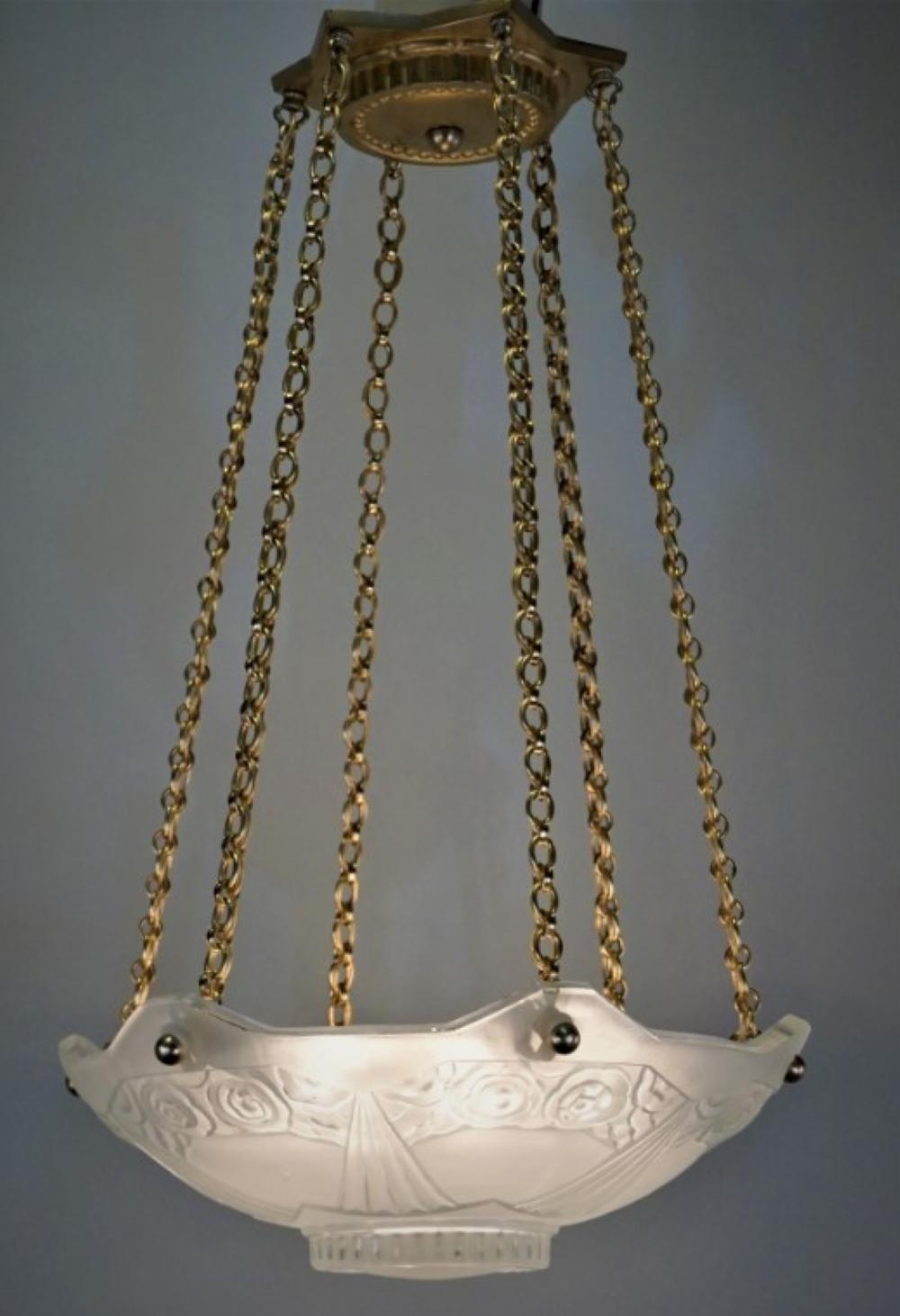 Pressed French Art Deco Pendant Chandelier Signed by Sabino (pair available) For Sale