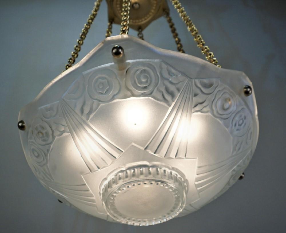 French Art Deco Pendant Chandelier Signed by Sabino (pair available) In Good Condition For Sale In Long Island City, NY