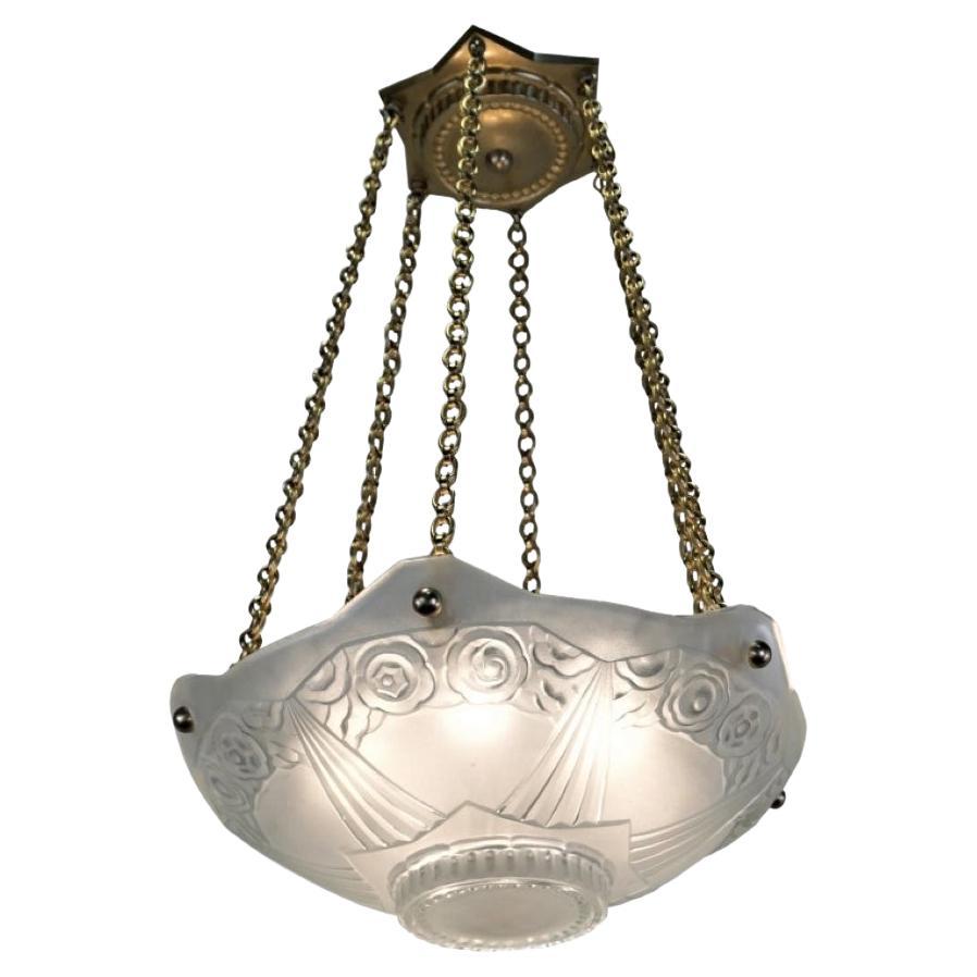 French Art Deco Pendant Chandelier Signed by Sabino (pair available) For Sale