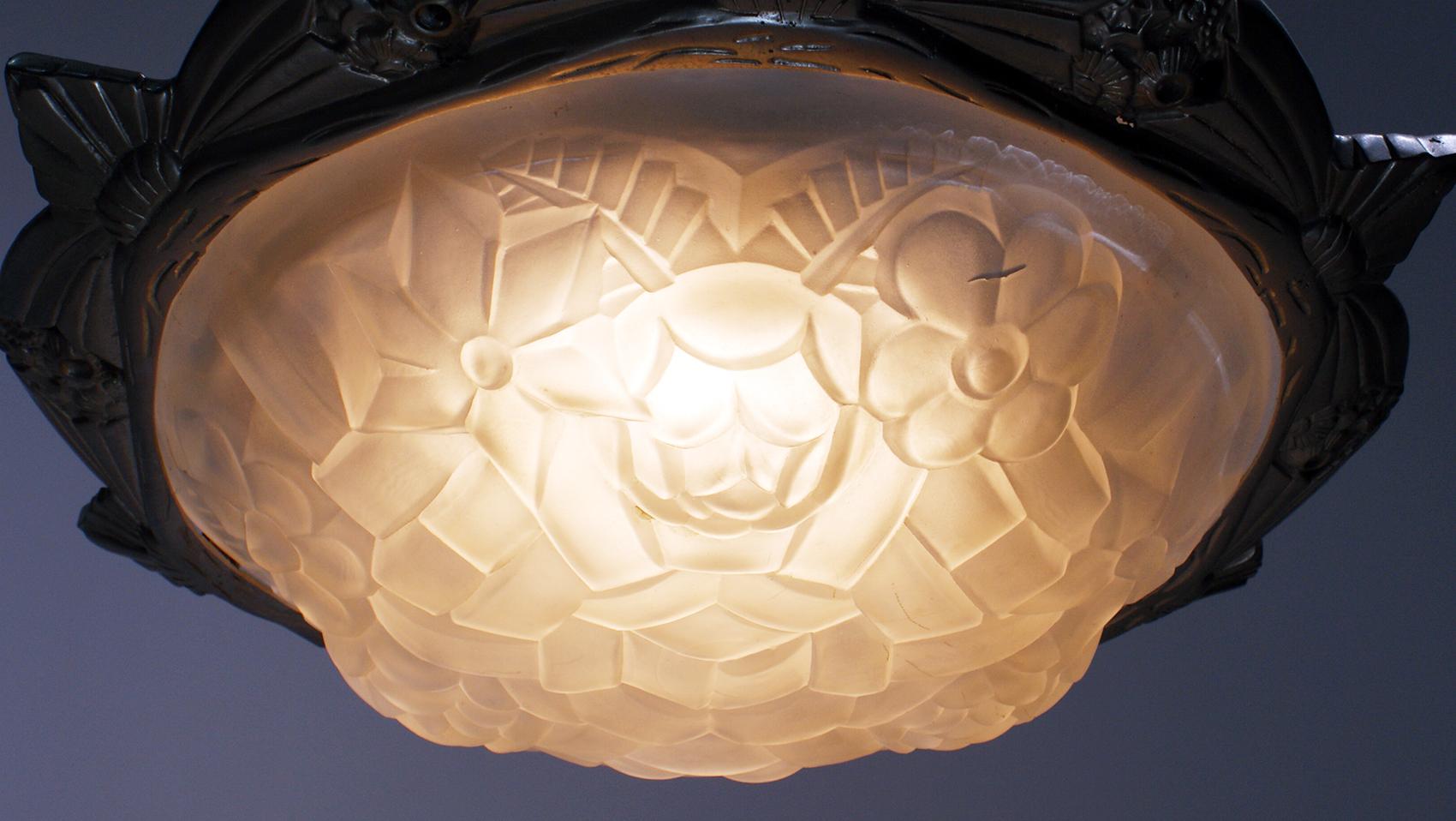 Frosted French Art Deco Pendant Chandelier Signed “Degué” For Sale