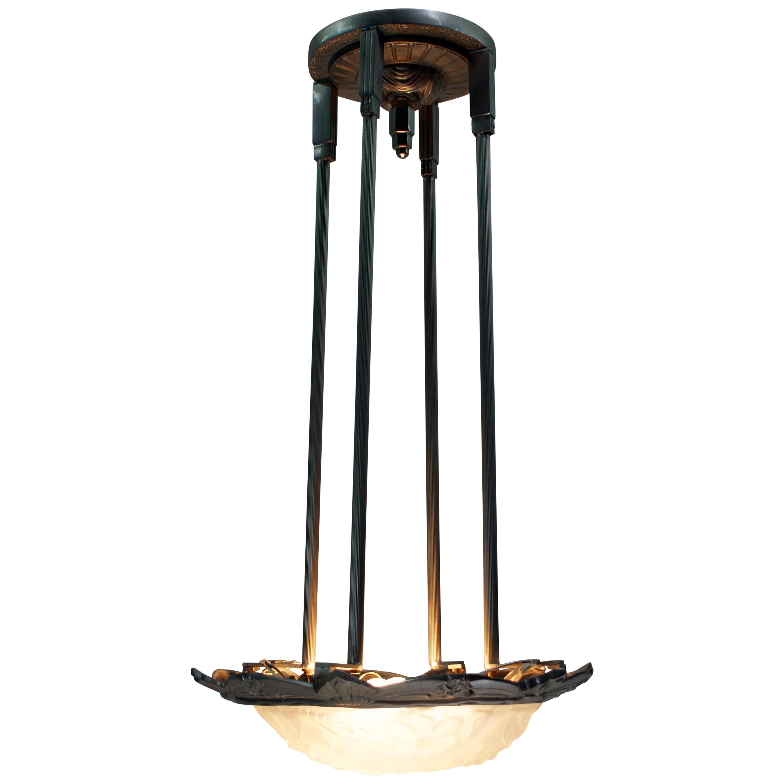 French Art Deco Pendant Chandelier Signed “Degué” For Sale