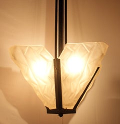 French Art Deco Pendant Chandelier Signed “Degué”, France, circa 1930s