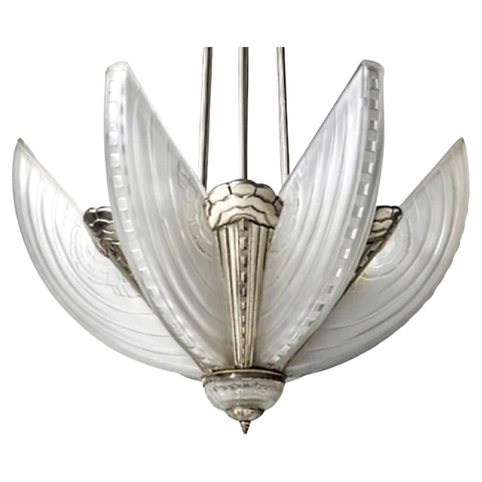 French Art Deco Pendant Chandelier Signed Sabino (Pair Available) In Good Condition For Sale In Long Island City, NY