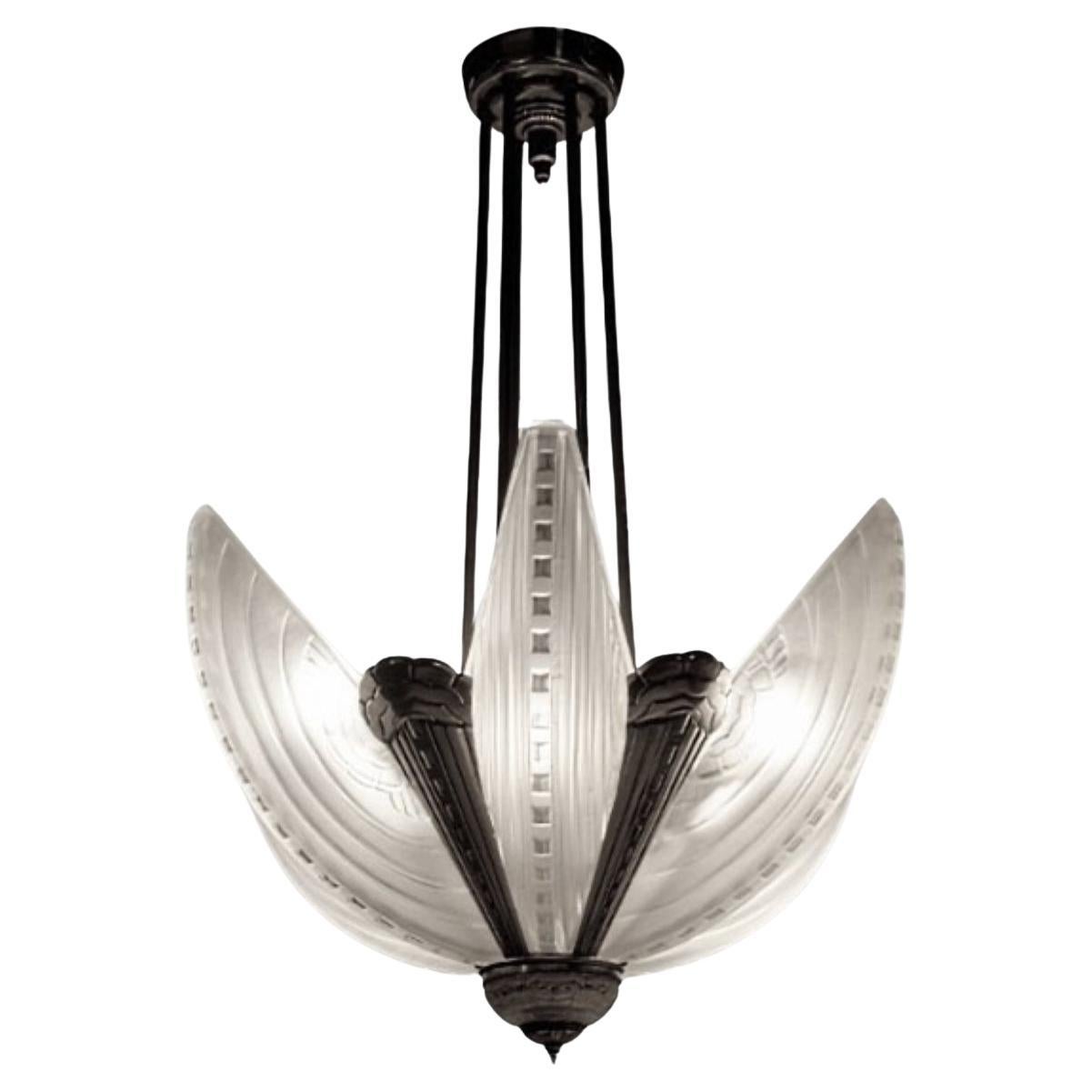 20th Century French Art Deco Pendant Chandelier Signed Sabino (Pair Available) For Sale