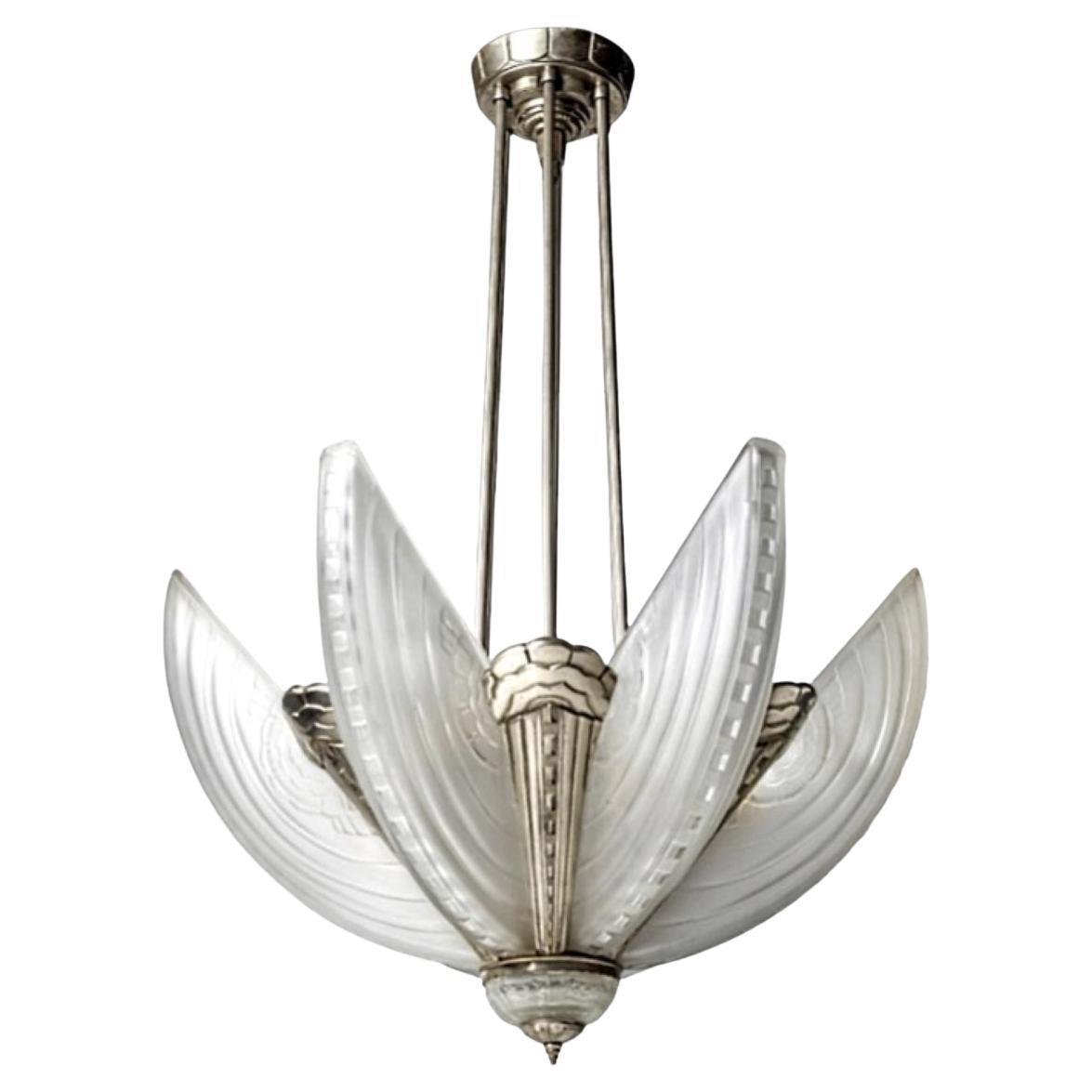 French Art Deco Pendant Chandelier Signed Sabino (Pair Available) For Sale