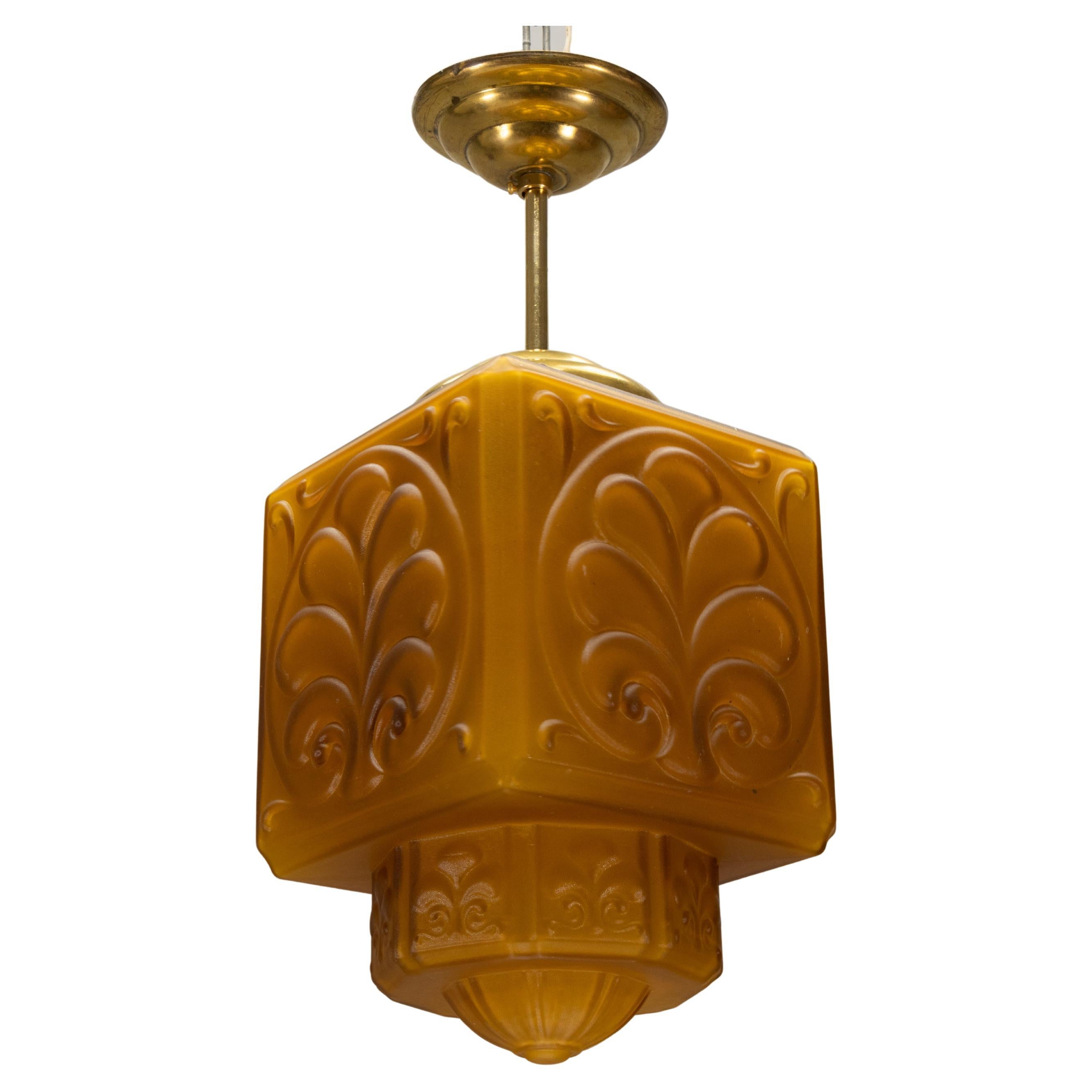 French Art Deco Pendant Light, Molded Amber Glass 
Brass, Circa 1930s For Sale