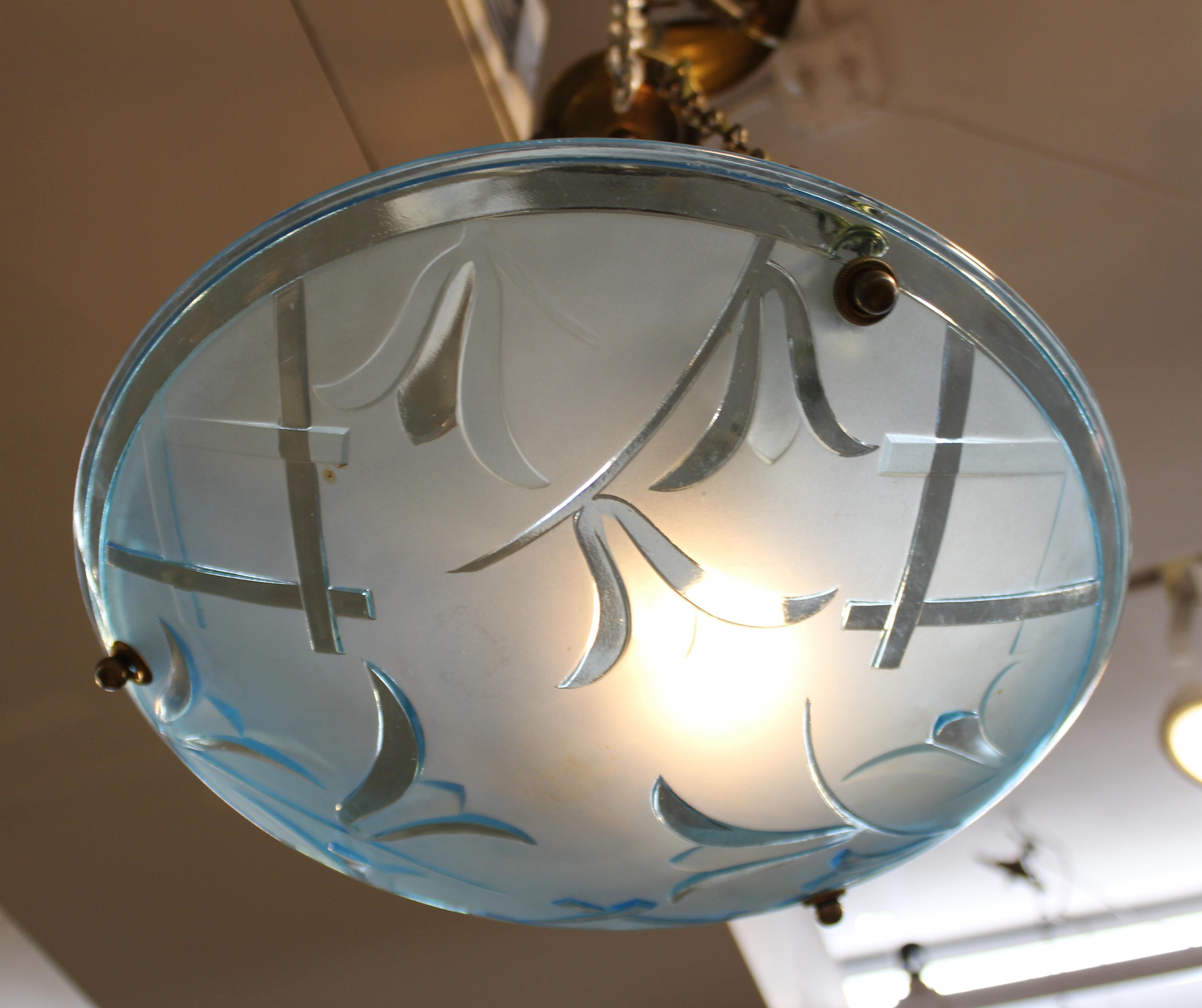 French Art Deco Pendant with Floral Blue Frosted Glass Bowl In Good Condition In New York, NY