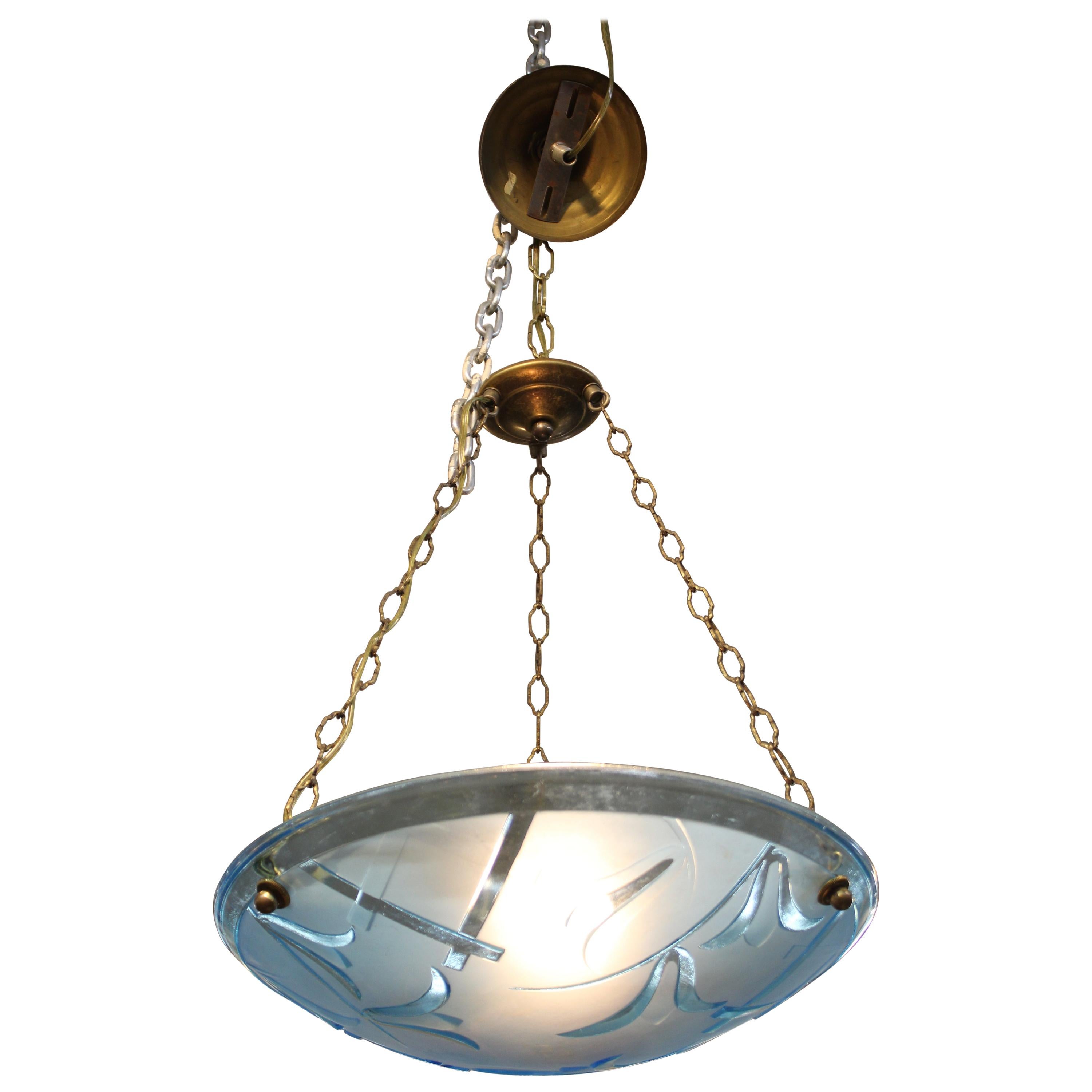 French Art Deco Pendant with Floral Blue Frosted Glass Bowl