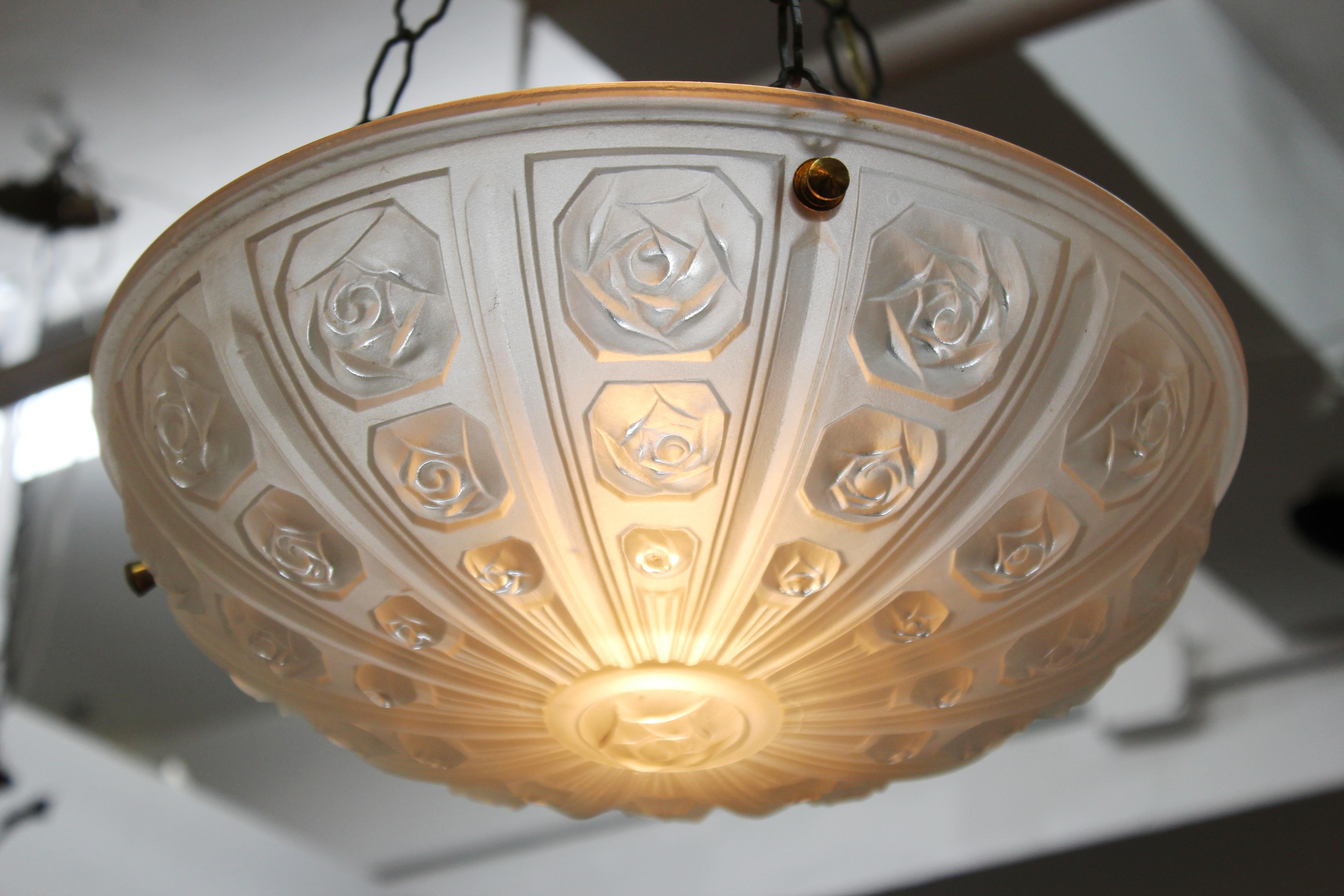 Early 20th Century French Art Deco Pendant with Floral Relief Themed Frosted Glass Bowl