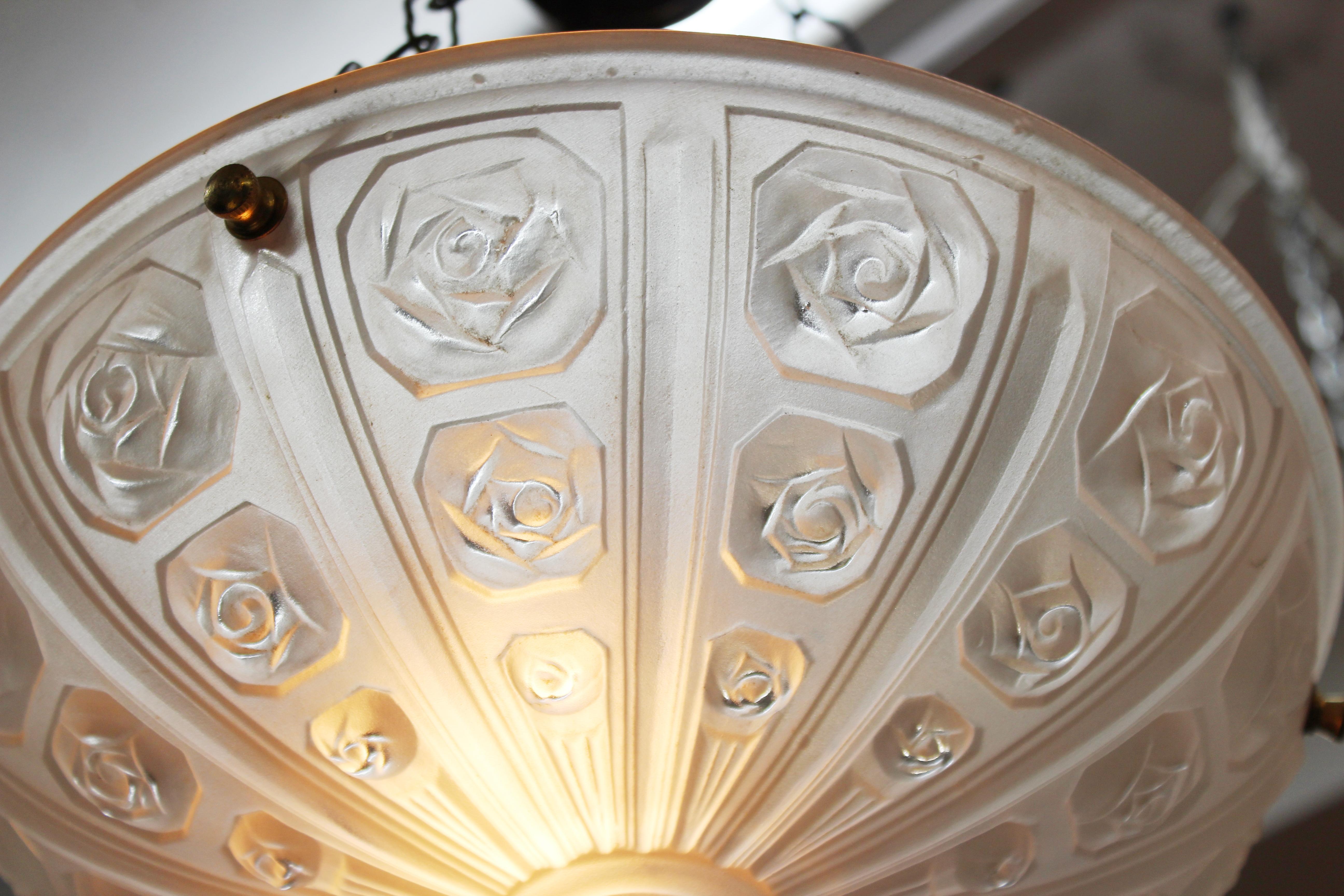 Brass French Art Deco Pendant with Floral Relief Themed Frosted Glass Bowl