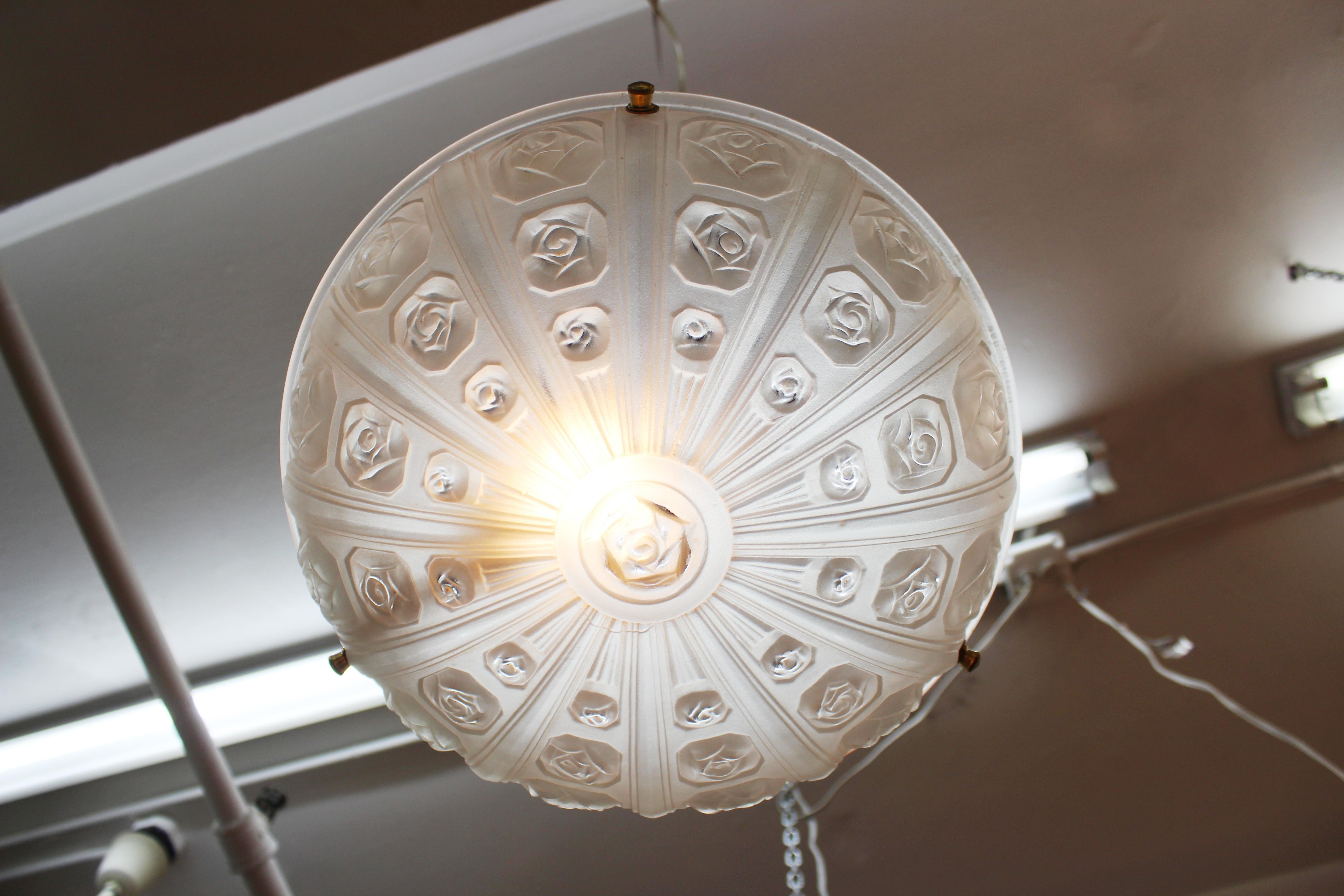 French Art Deco Pendant with Floral Relief Themed Frosted Glass Bowl 1