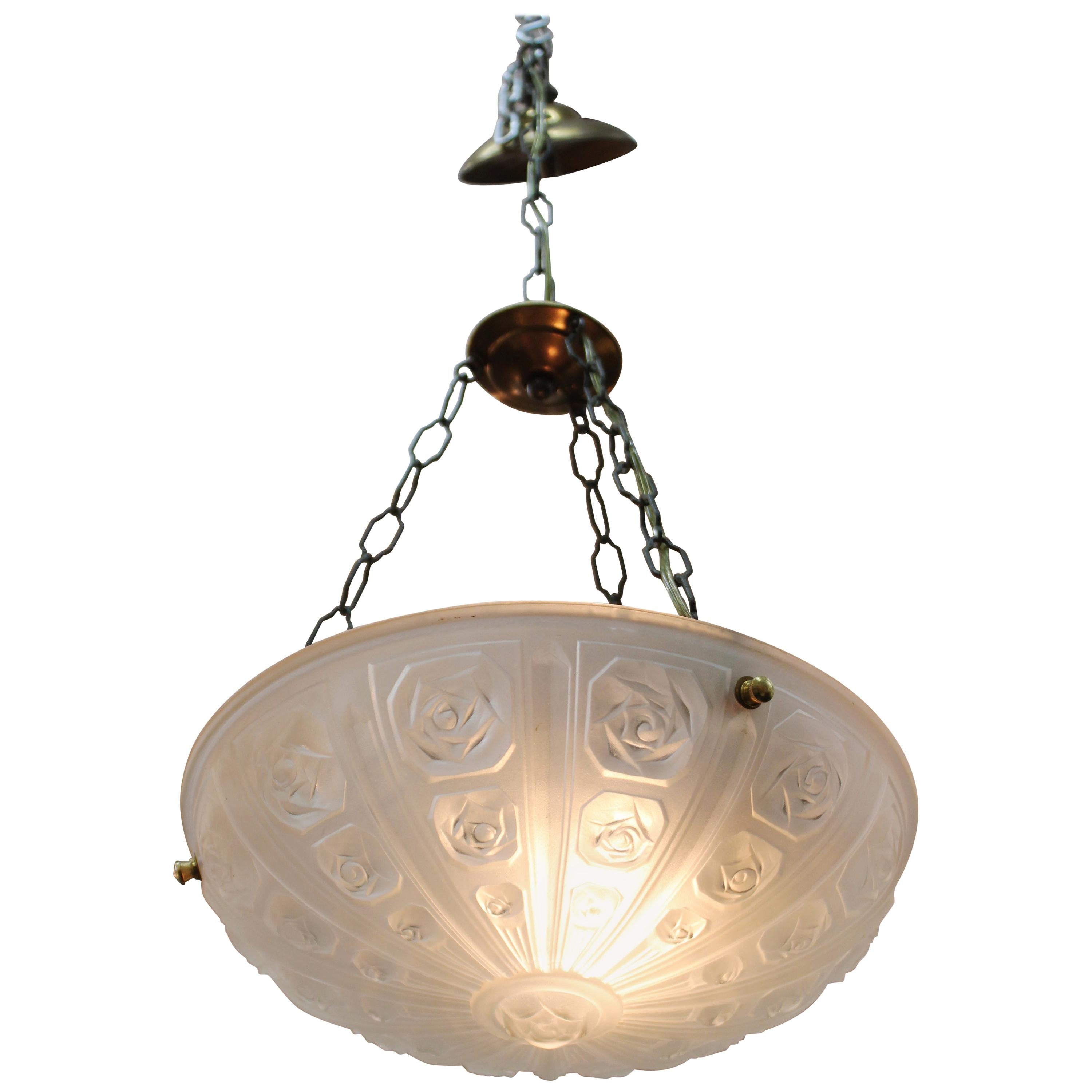 French Art Deco Pendant with Floral Relief Themed Frosted Glass Bowl