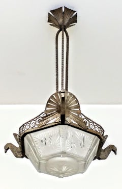 French Art Deco Pendent Chandelier Signed by Muller Ferers Lunneville