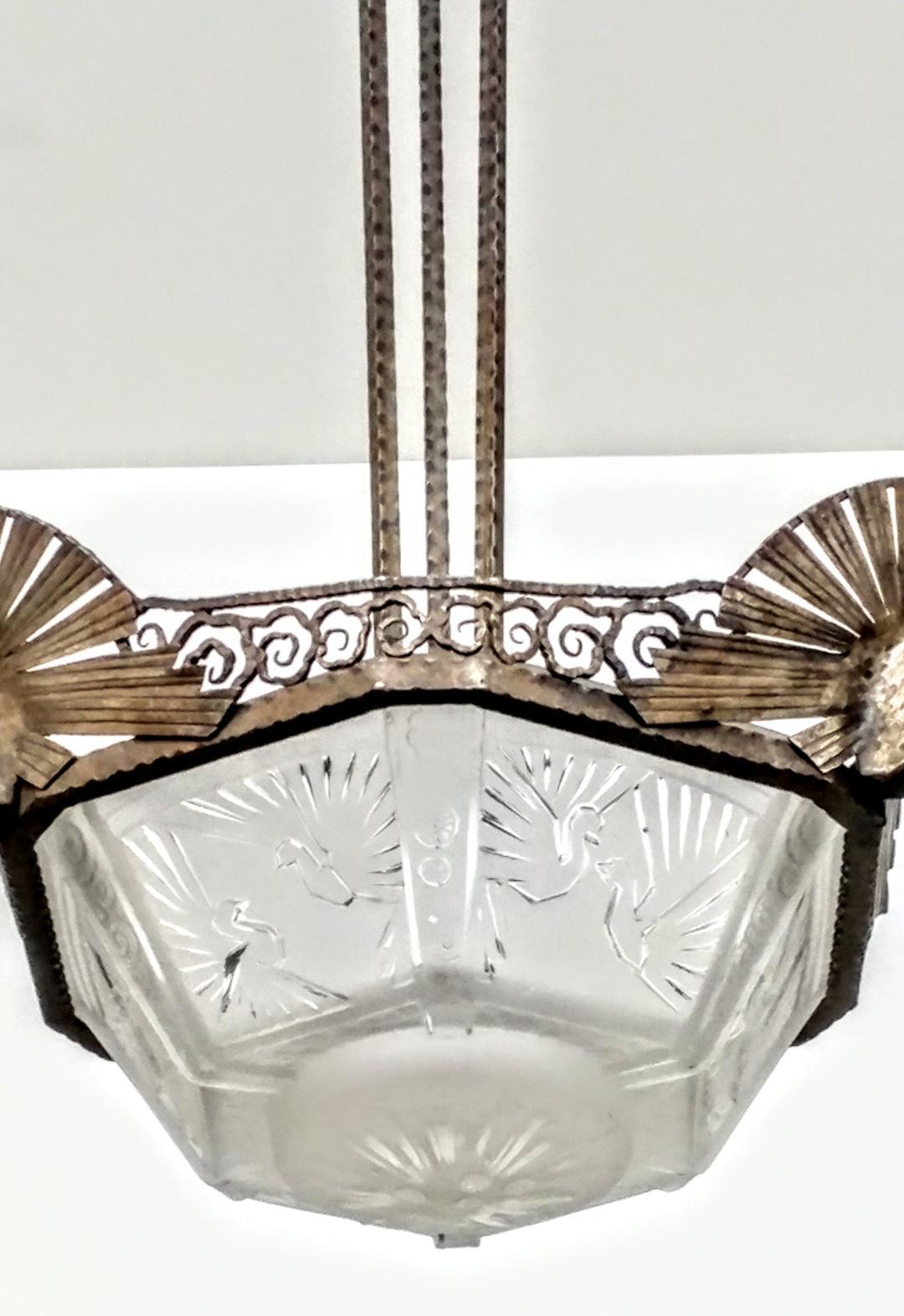 Lámpara colgante francesa Art Déco Firmada por Muller Ferers Lunneville Art Decó en venta