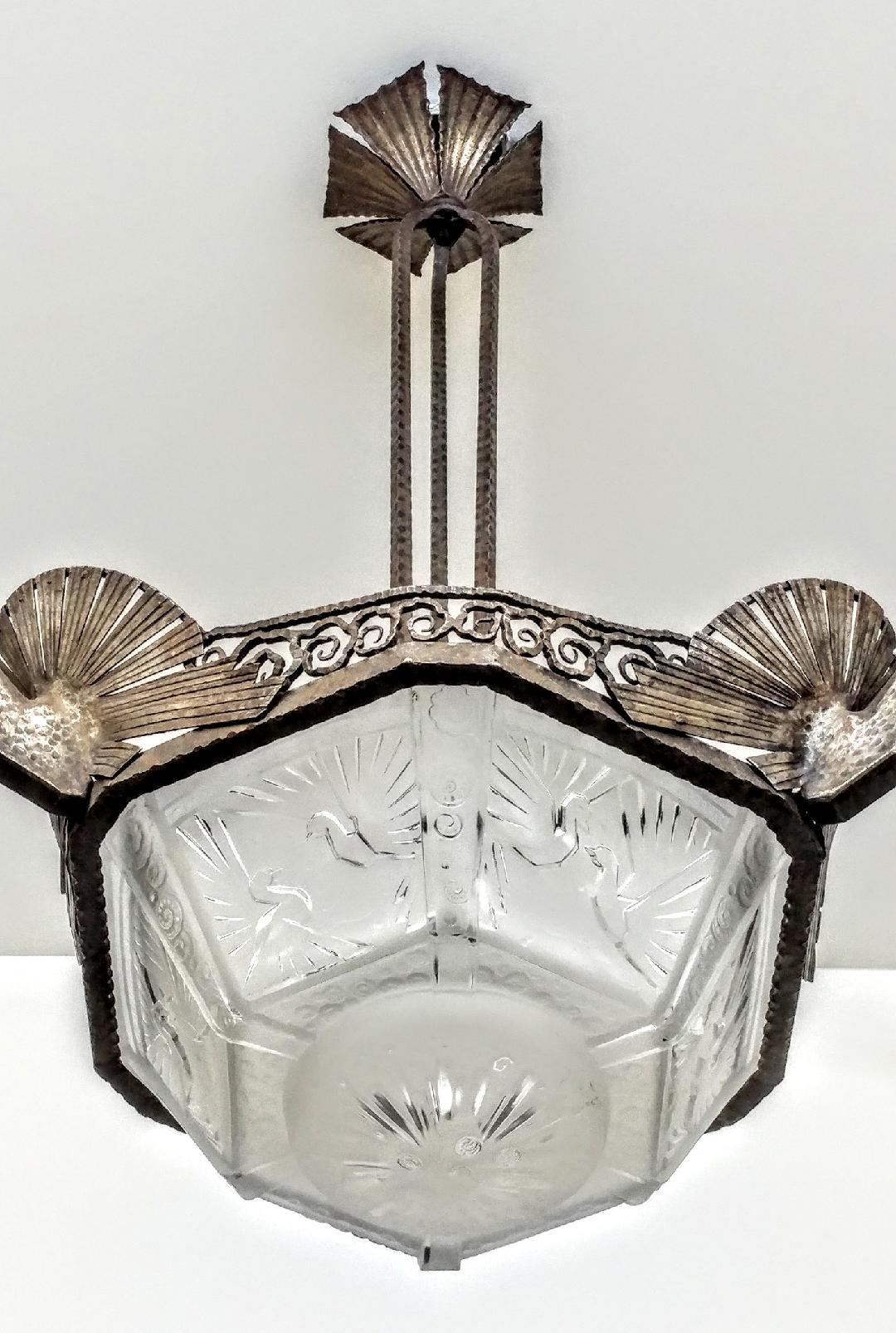 Glass French Art Deco Pendent Chandelier Signed by Muller Ferers Lunneville For Sale