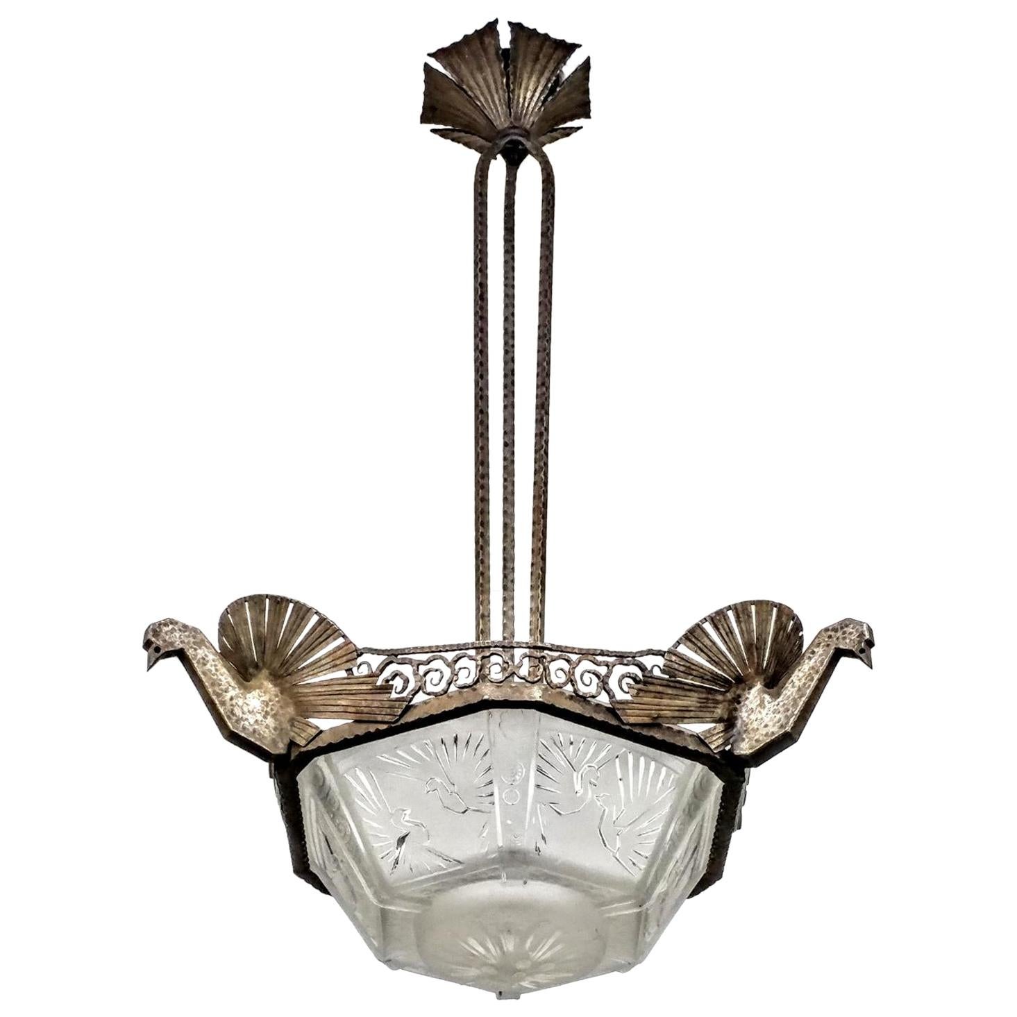 French Art Deco Pendent Chandelier Signed by Muller Ferers Lunneville