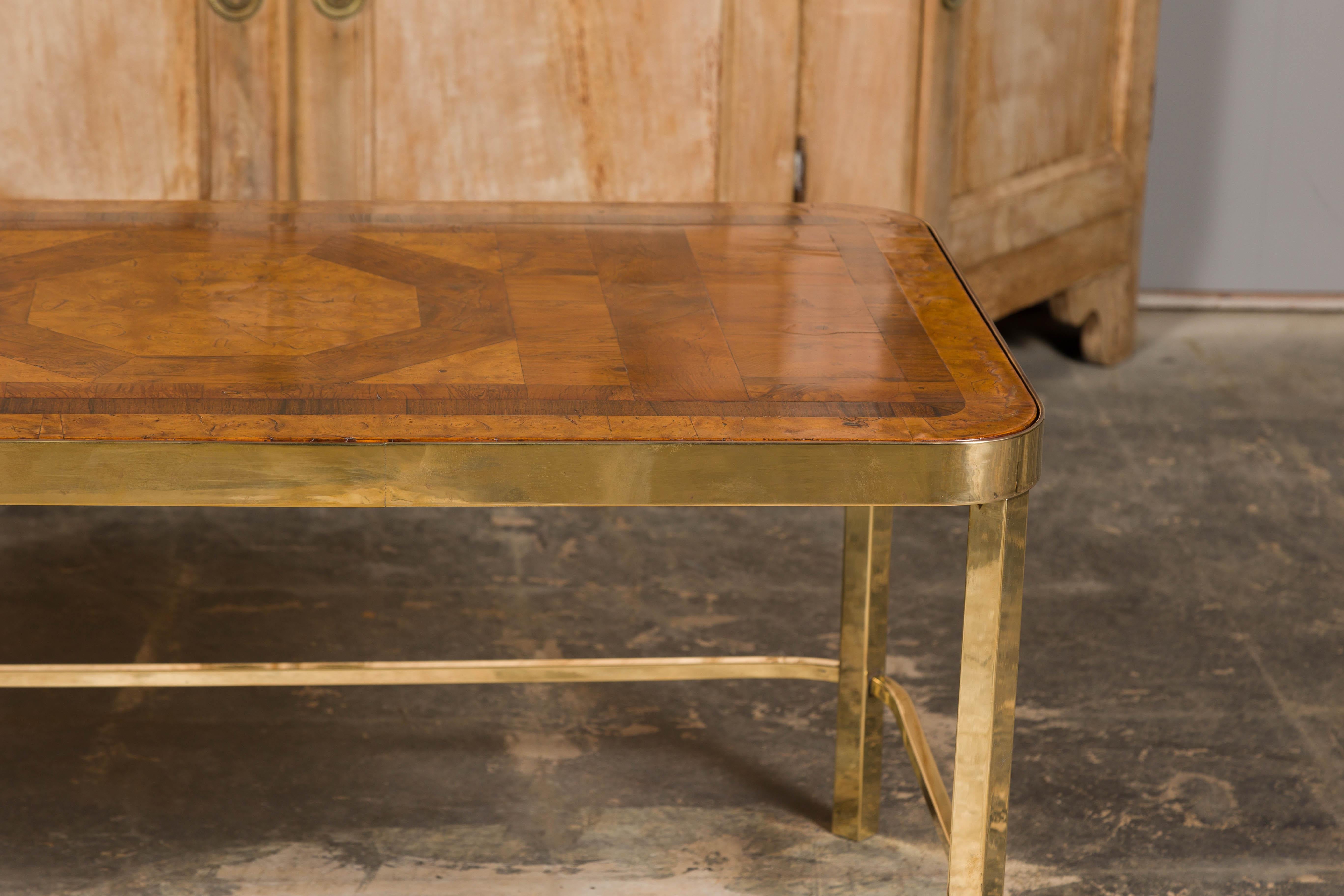 French Art Deco Period 1930s Coffee Table with Parquetry Top and Brass Base 1
