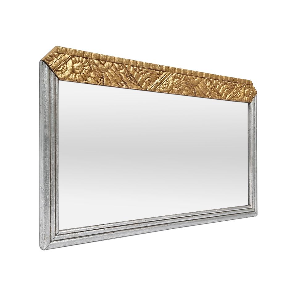 Small French Art Deco antique mirror, circa 1925. Gilded wood pediment mirror with Art Deco decor and grooved silver patina frame. Antique frame re-gilding with leaf. Frame width: 2.5 - 5 cm / 0.98 - 1.96 in. Modern glass mirror. Wood back.