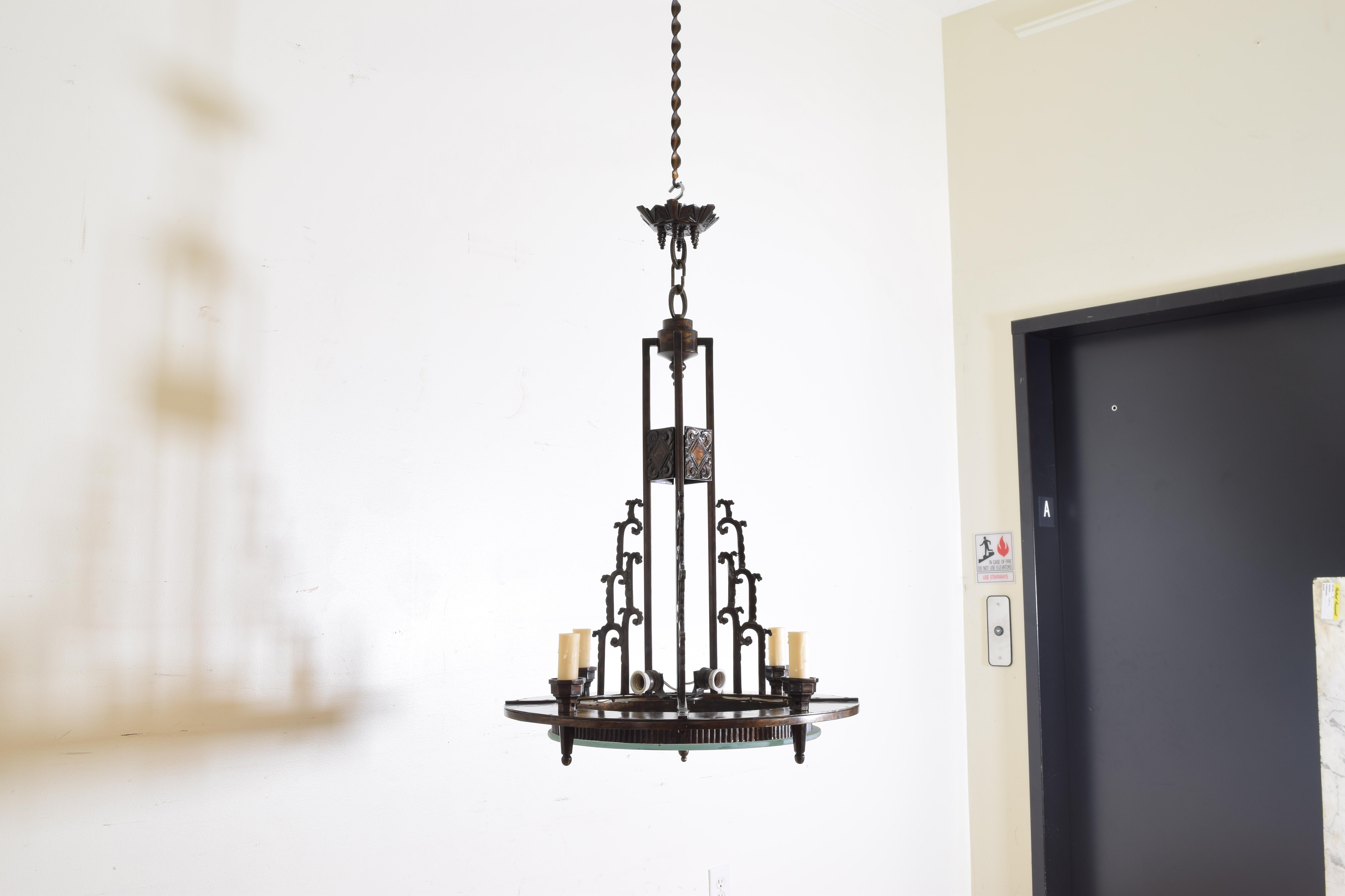 Mid-20th Century French Art Deco Period Bronze and Glass 8-Light Chandelier