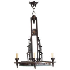 French Art Deco Period Bronze and Glass 8-Light Chandelier