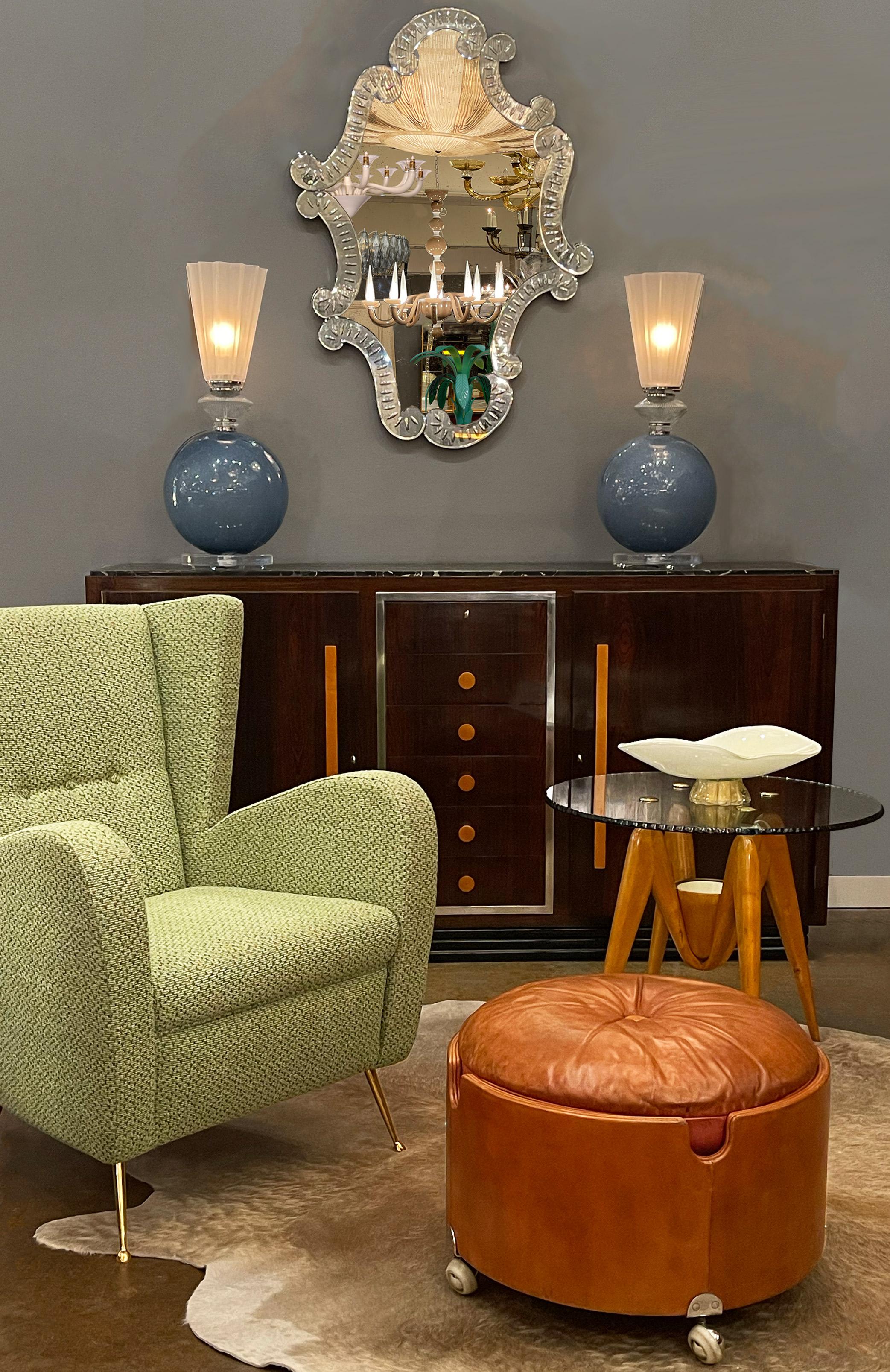 Art Deco period buffet from France made of flamed Brazilian rosewood and maple. There is a beautiful marble top professionally repaired with six dovetailed drawers featuring a unique keyed locking system. We love the chrome accents and overall