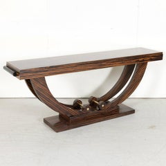 French Art Deco Period Ebony Macassar Veneer Wall Console with Brass Fittings