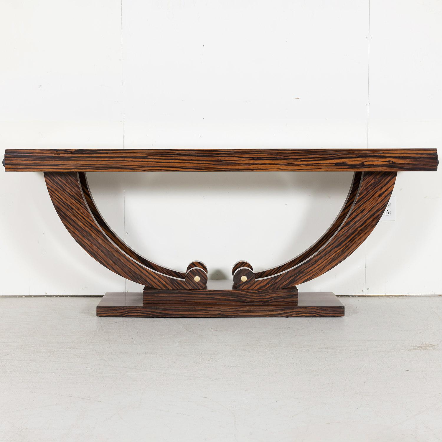 Mid-20th Century French Art Deco Period Ebony Macassar Veneer Wall Console with Brass Fittings