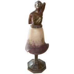 French Art Deco Period Figural Bronze and Glass Table Lamp