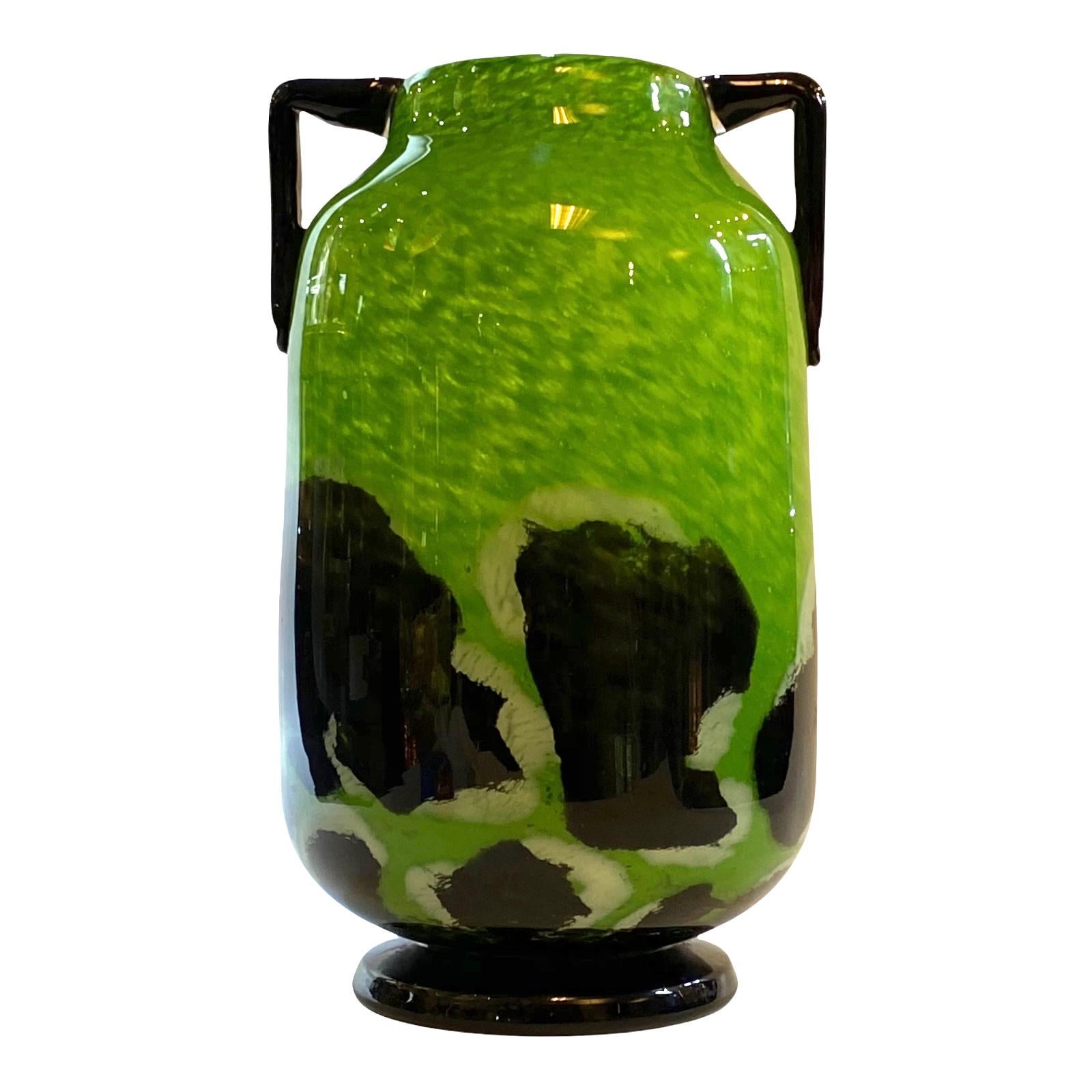 Art Glass Degue French Art Deco Mottled Green Glass Vase