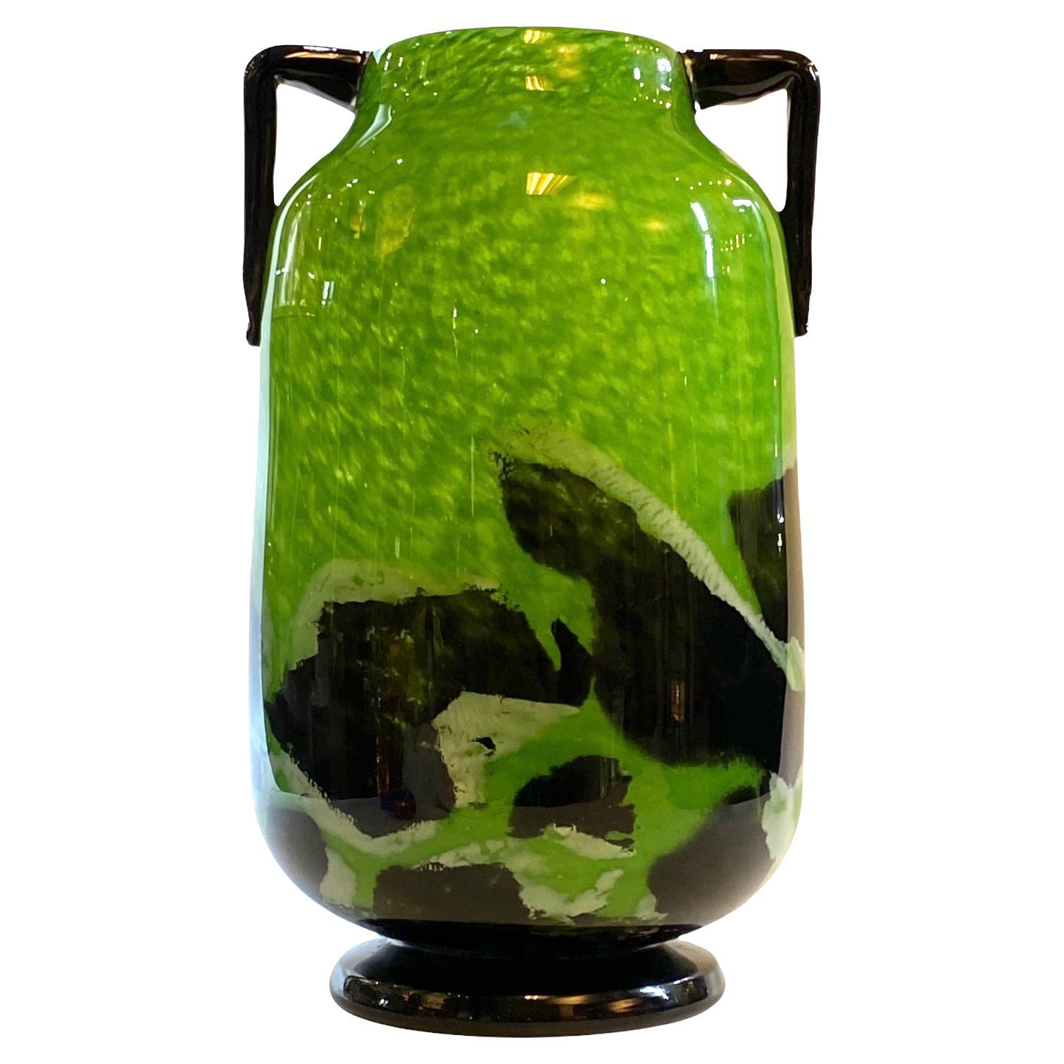 Degue French Art Deco Mottled Green Glass Vase