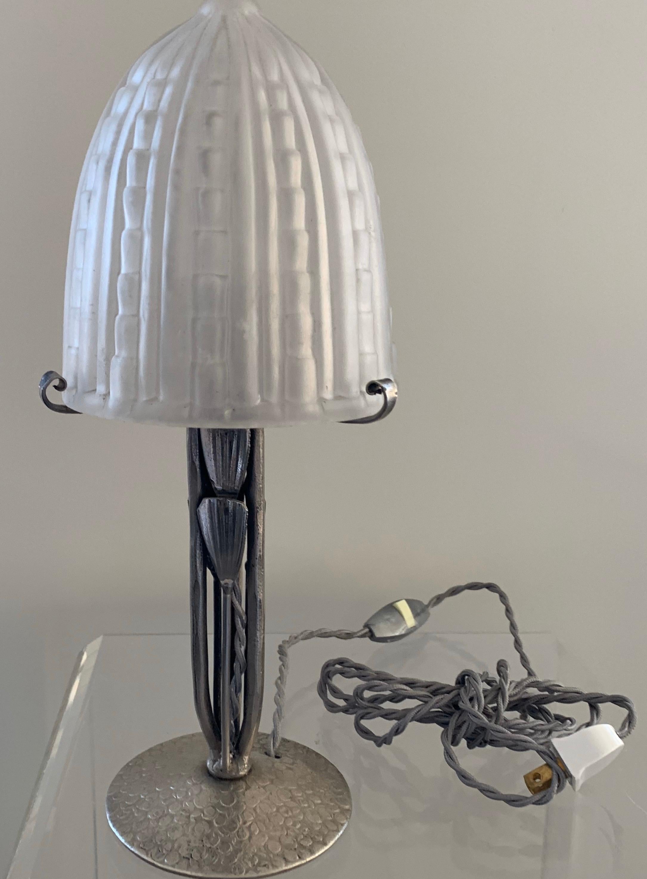 Frosted French Art Deco Petite Pewter and Glass Lamp