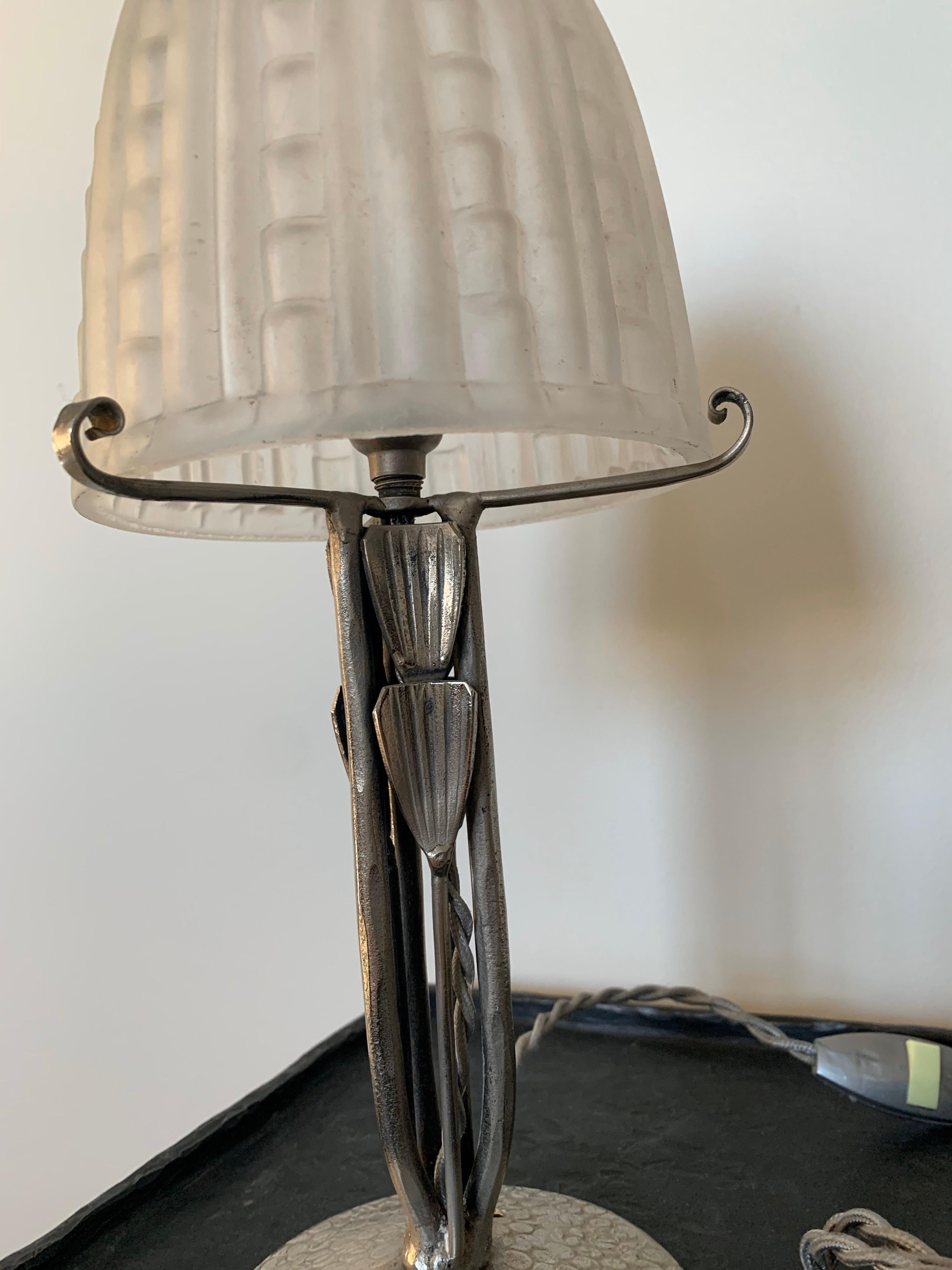 French Art Deco Petite Pewter and Glass Lamp In Good Condition In Stamford, CT
