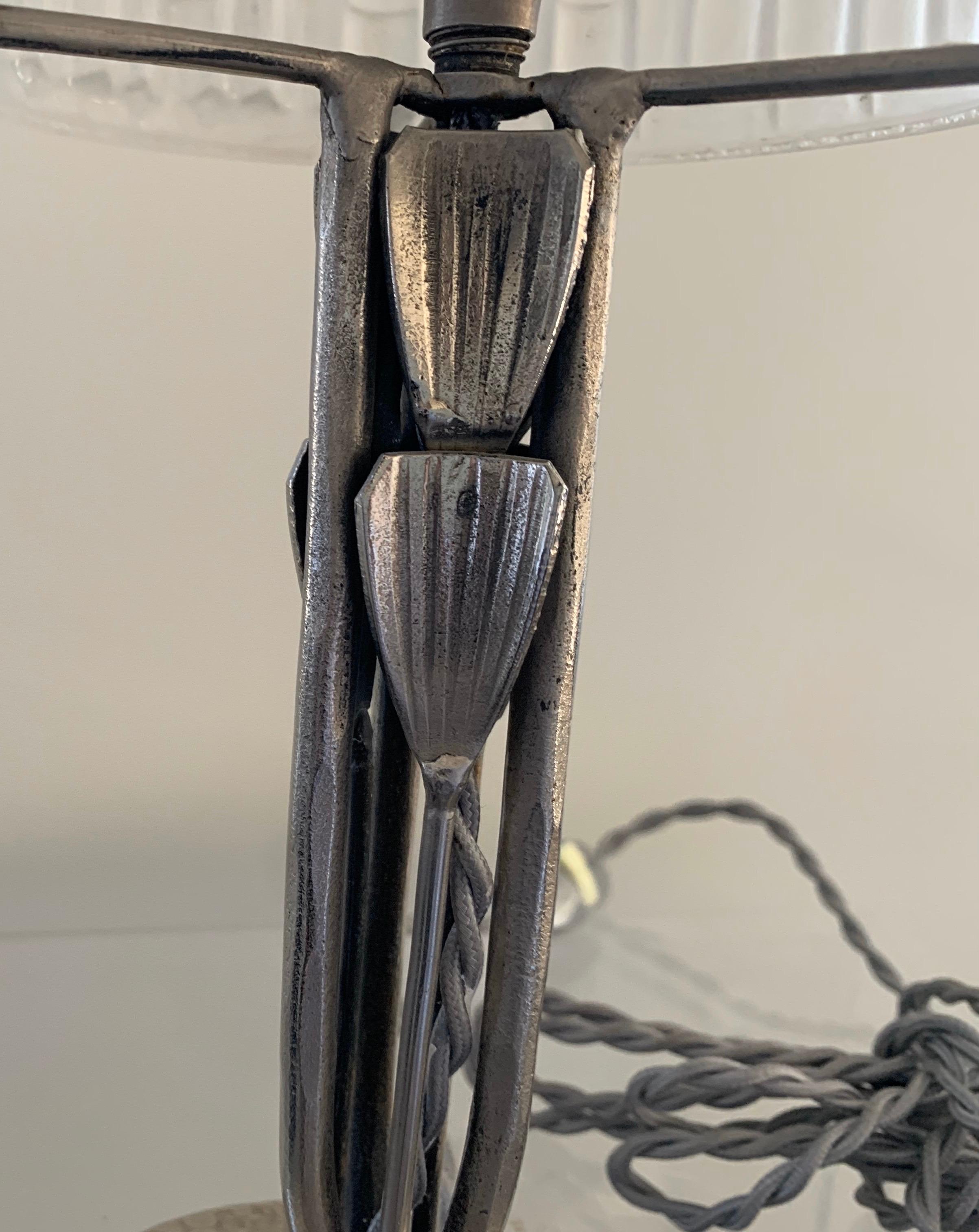 Early 20th Century French Art Deco Petite Pewter and Glass Lamp