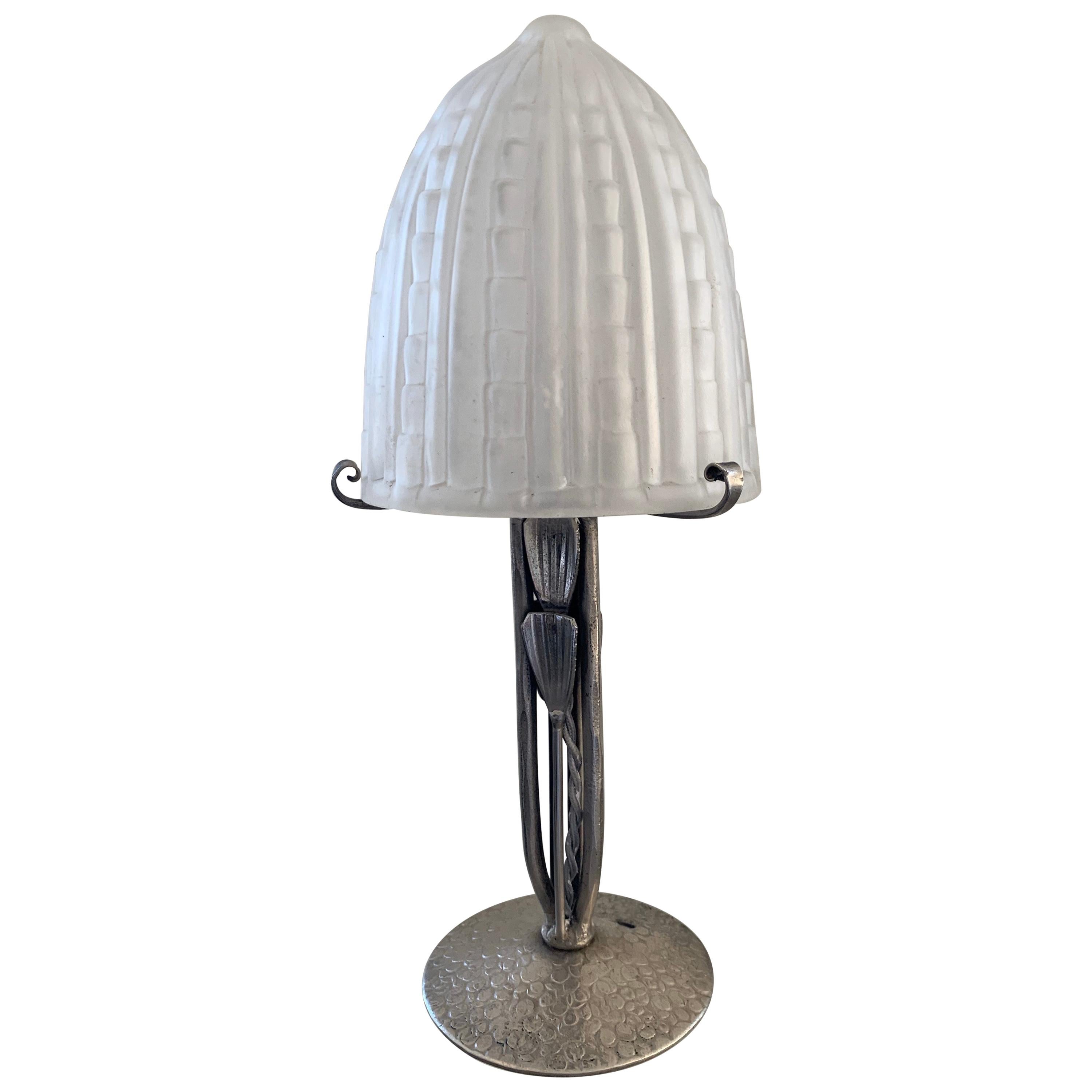 French Art Deco Petite Pewter and Glass Lamp