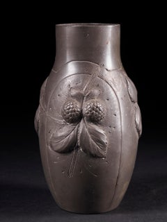 French Art Deco Pewter Vase Signed and Marked Etains d’art with Embossed Berries