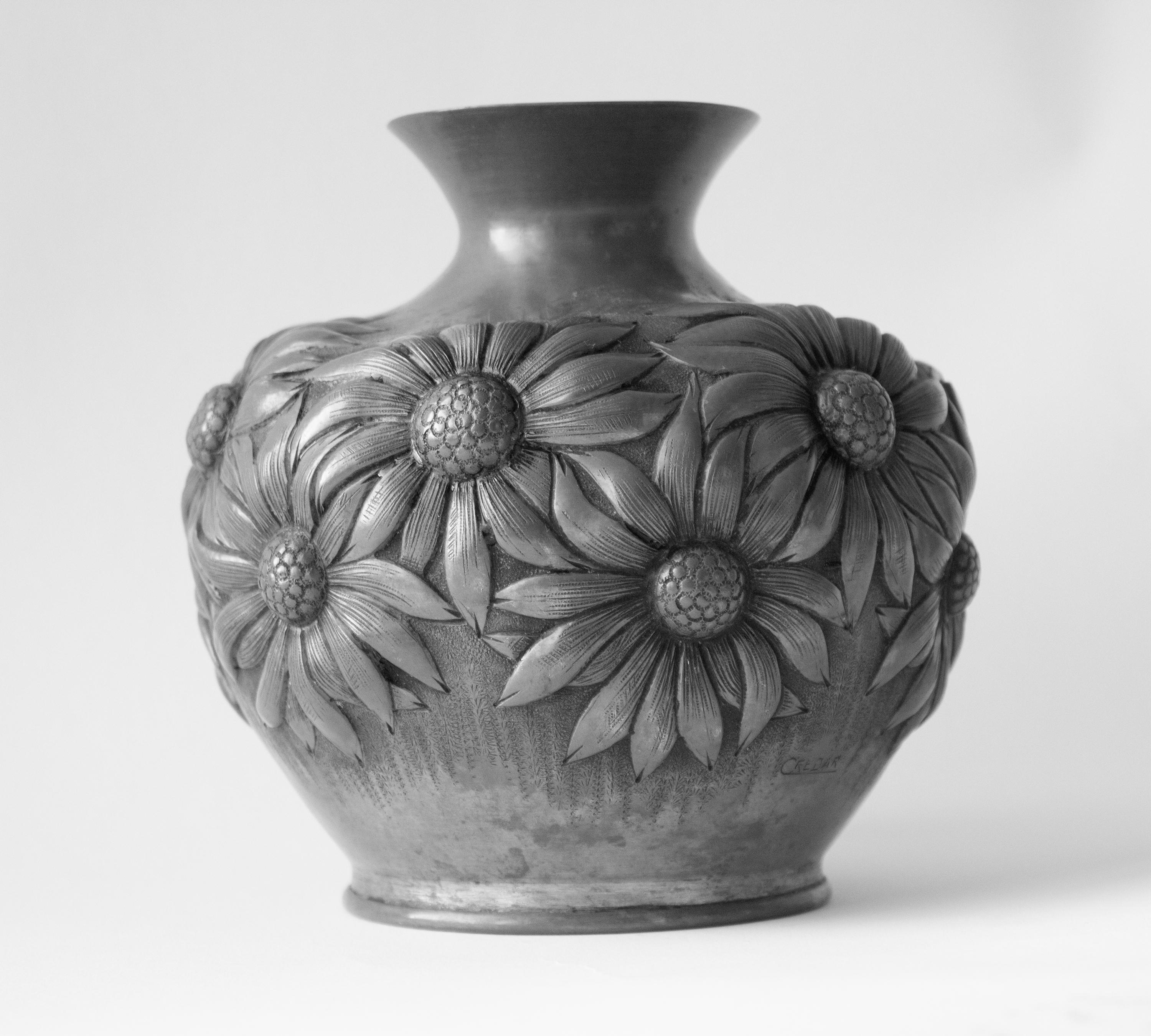French Art Deco Pewter Vase with Embossed Daisys For Sale 6