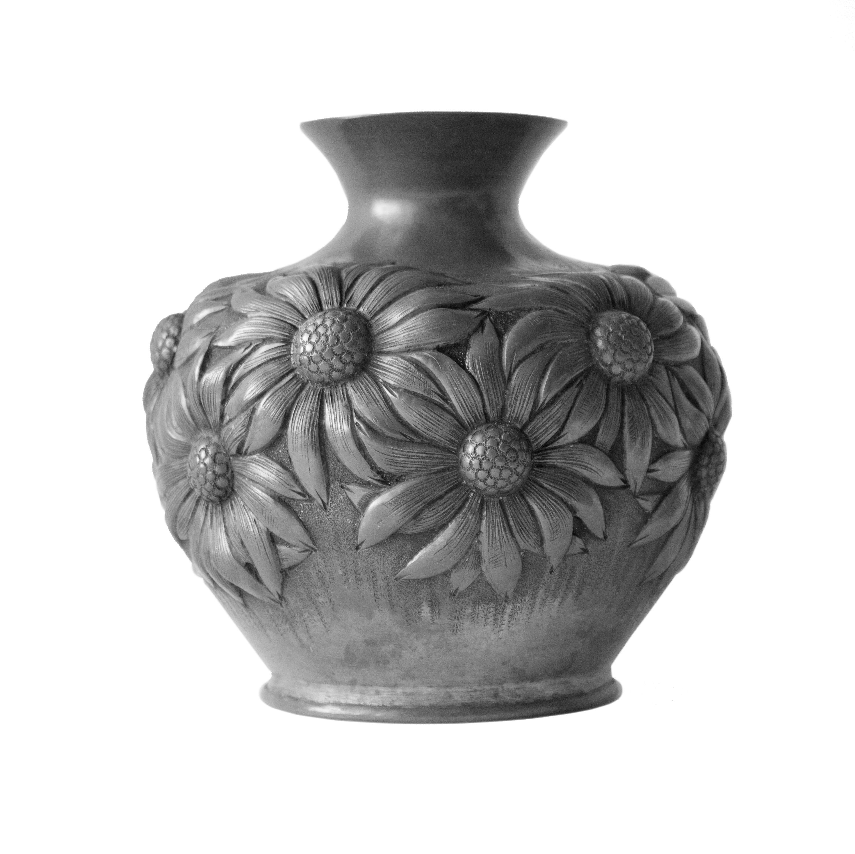 Hand-Crafted French Art Deco Pewter Vase with Embossed Daisys For Sale
