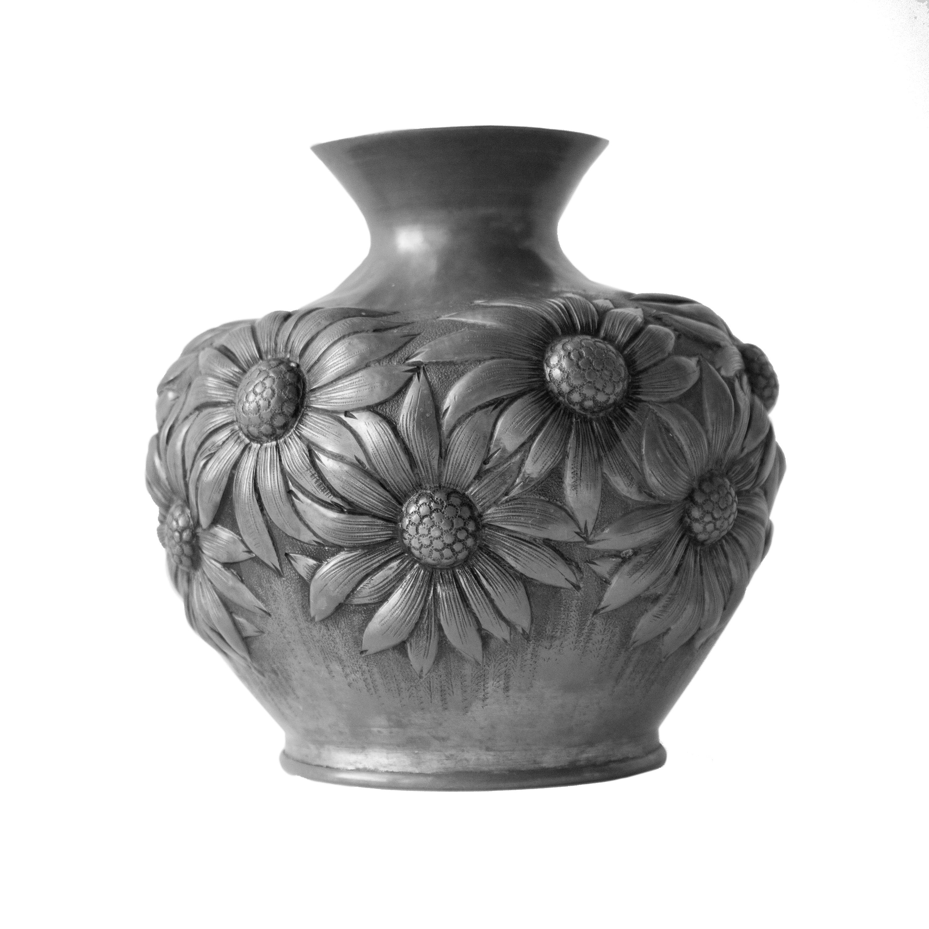 Mid-20th Century French Art Deco Pewter Vase with Embossed Daisys For Sale