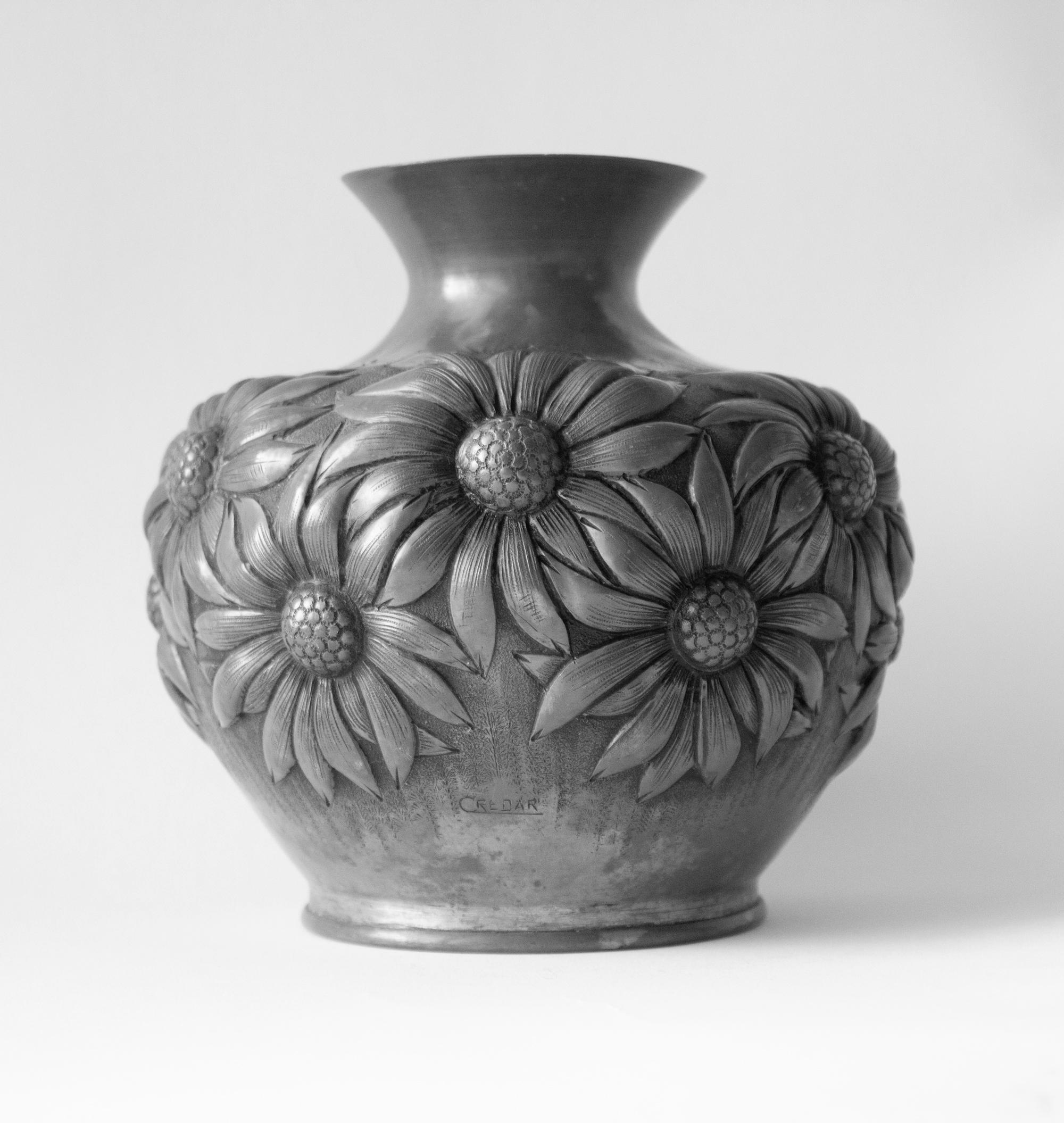 French Art Deco Pewter Vase with Embossed Daisys For Sale 1