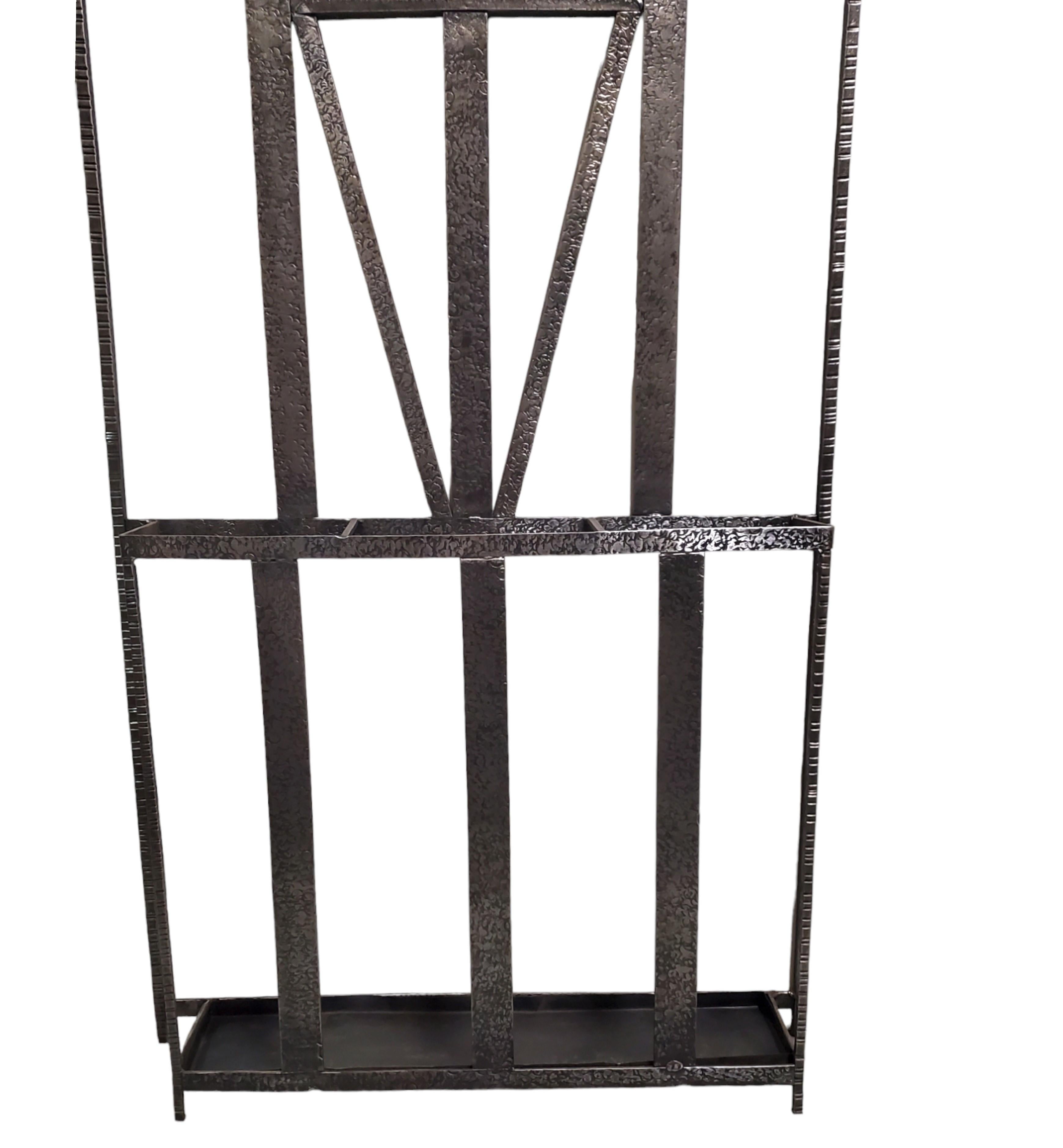 French Art Deco pewtery hammered iron + mirrored hall tree/coat rack/ coatstand For Sale 4