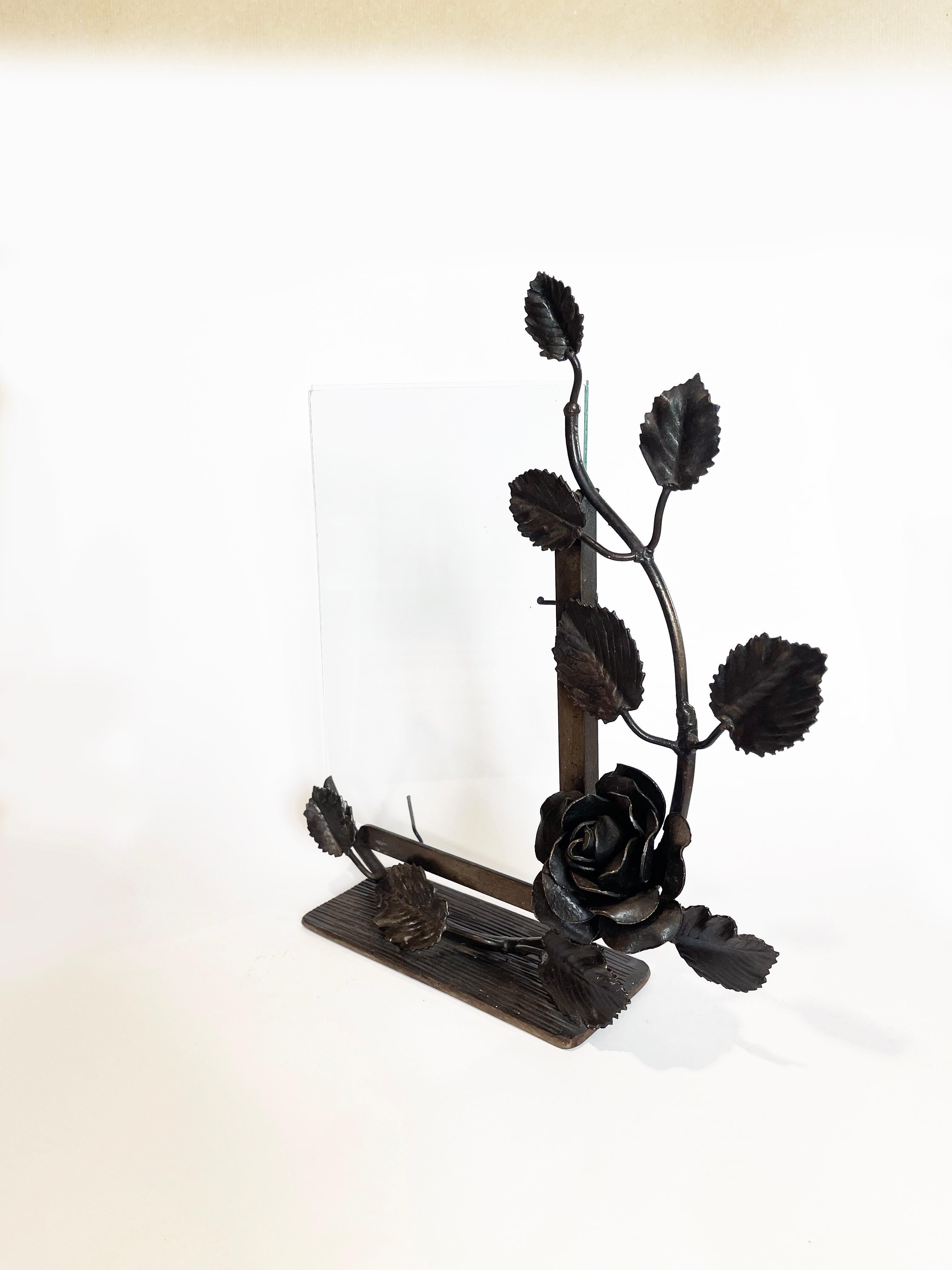 Hand-Crafted French Art Deco Photo Frame, Wrought-Iron Rose Vine, 1920s For Sale