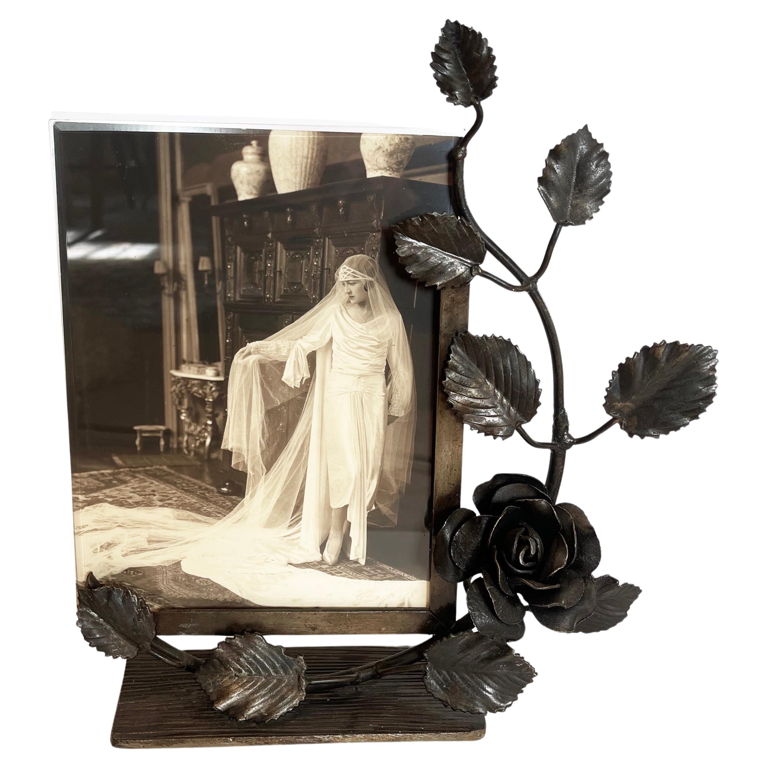 French Art Deco Photo Frame, Wrought-Iron Rose Vine, 1920s For Sale