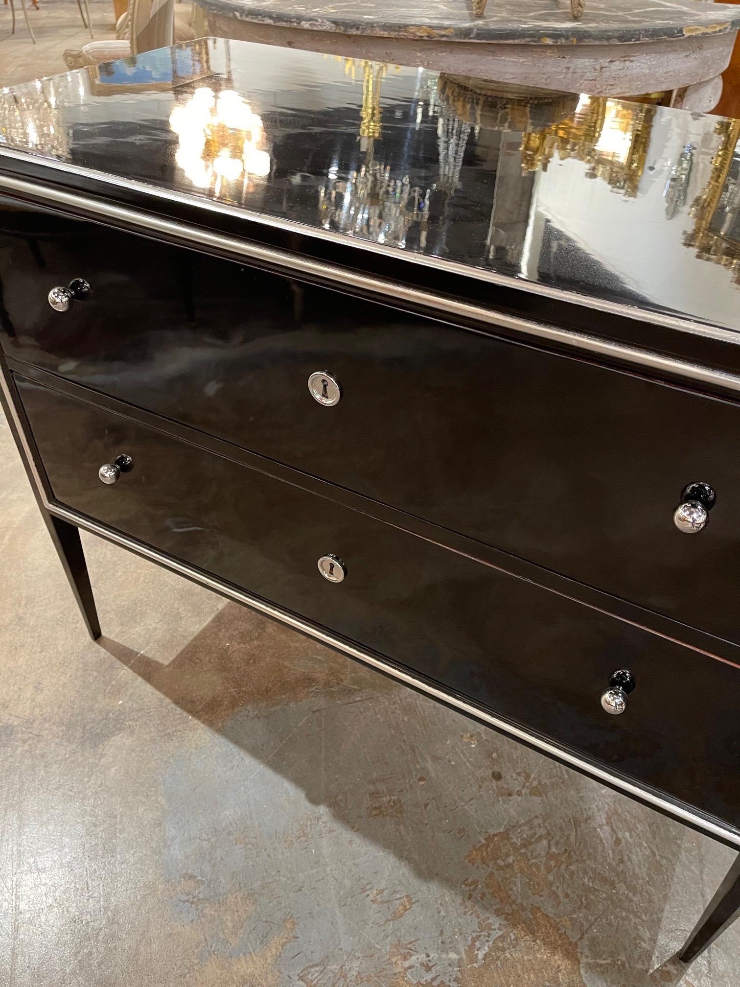 Lacquered French Art Deco Piano Black and Silver Leaf 2 Drawer Commode