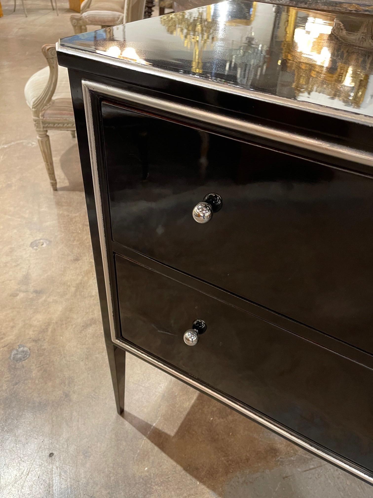 French Art Deco Piano Black and Silver Leaf 2 Drawer Commode In Good Condition In Dallas, TX