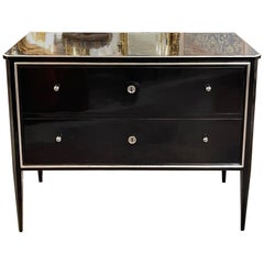 French Art Deco Piano Black and Silver Leaf 2 Drawer Commode
