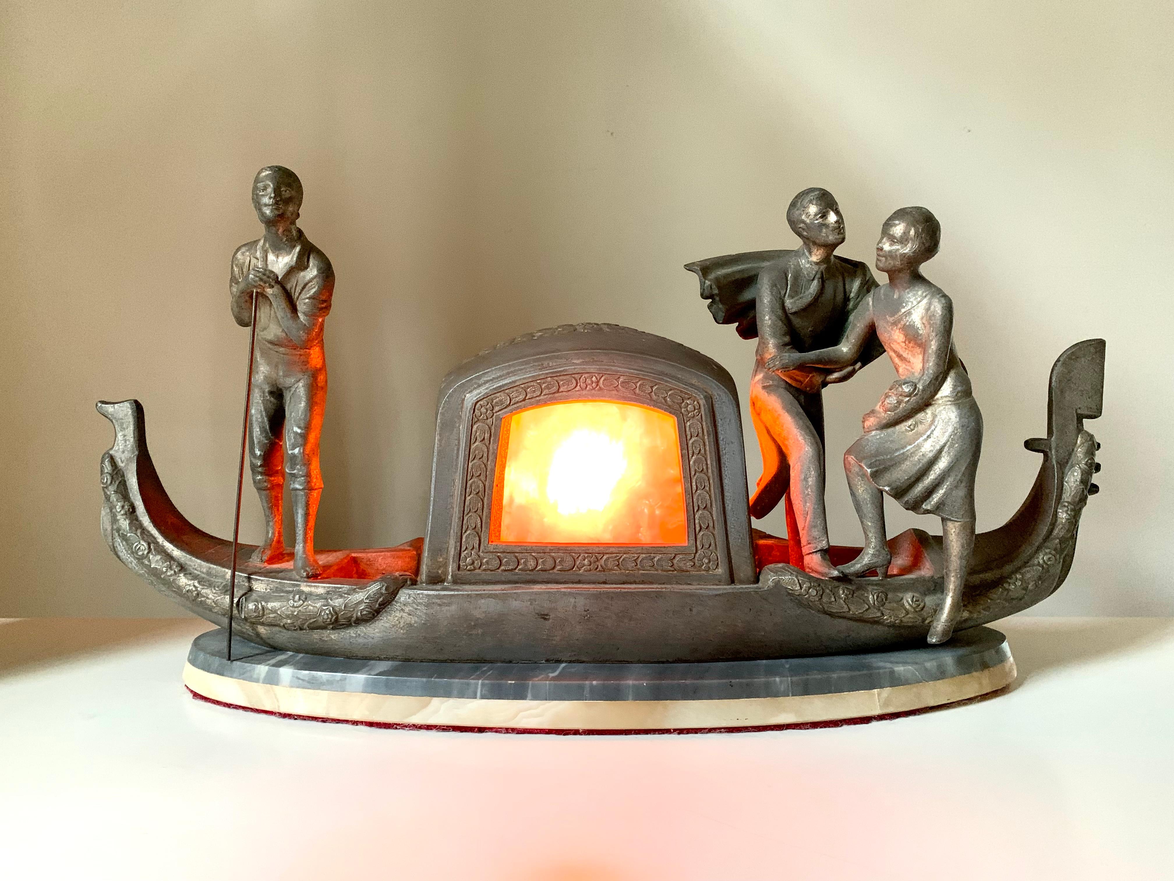 French Art Deco Pierre Sega Venetian Gondola Figural Silvered Metal Marble Lamp For Sale 6
