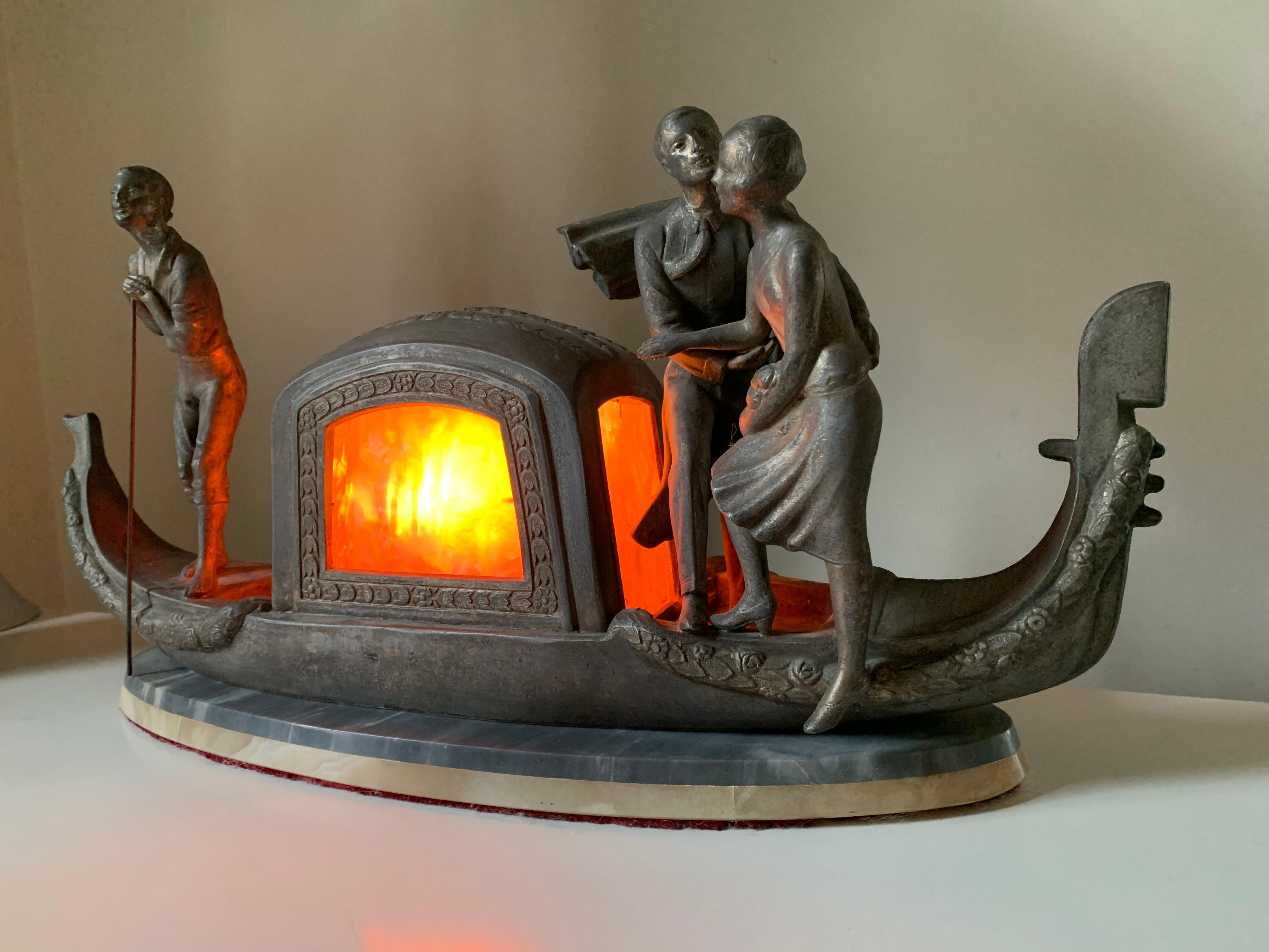 French Art Deco Pierre Sega Venetian Gondola Figural Silvered Metal Marble Lamp For Sale 7