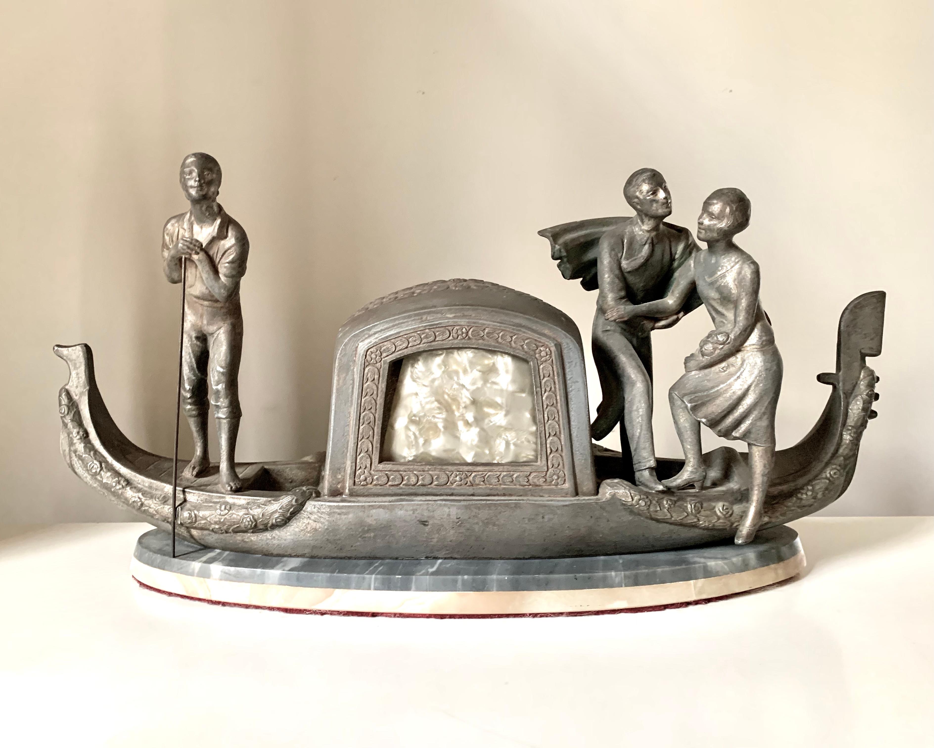 French Art Deco Pierre Sega Venetian Gondola Figural Silvered Metal Marble Lamp For Sale 1